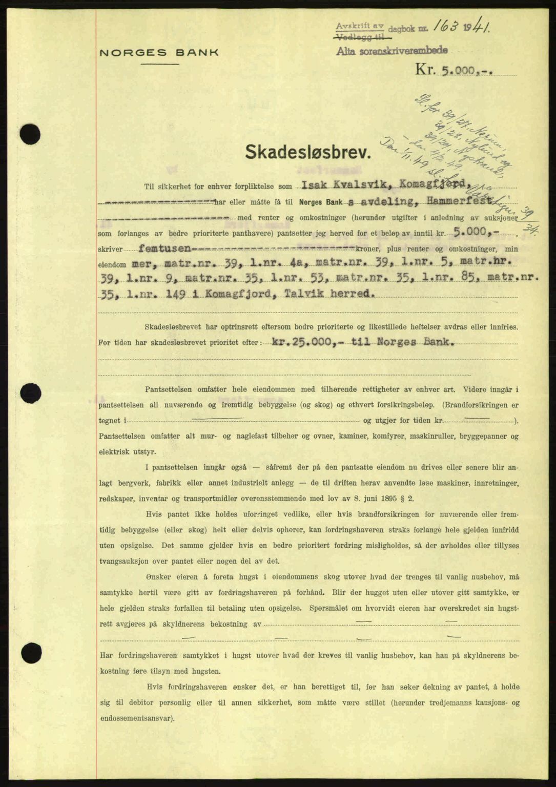 Alta fogderi/sorenskriveri, SATØ/SATØ-5/1/K/Kd/L0033pantebok: Mortgage book no. 33, 1940-1943, Diary no: : 163/1941