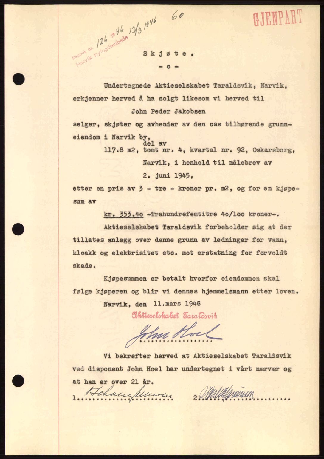 Narvik sorenskriveri, AV/SAT-A-0002/1/2/2C/2Ca: Mortgage book no. A21, 1946-1947, Diary no: : 126/1946