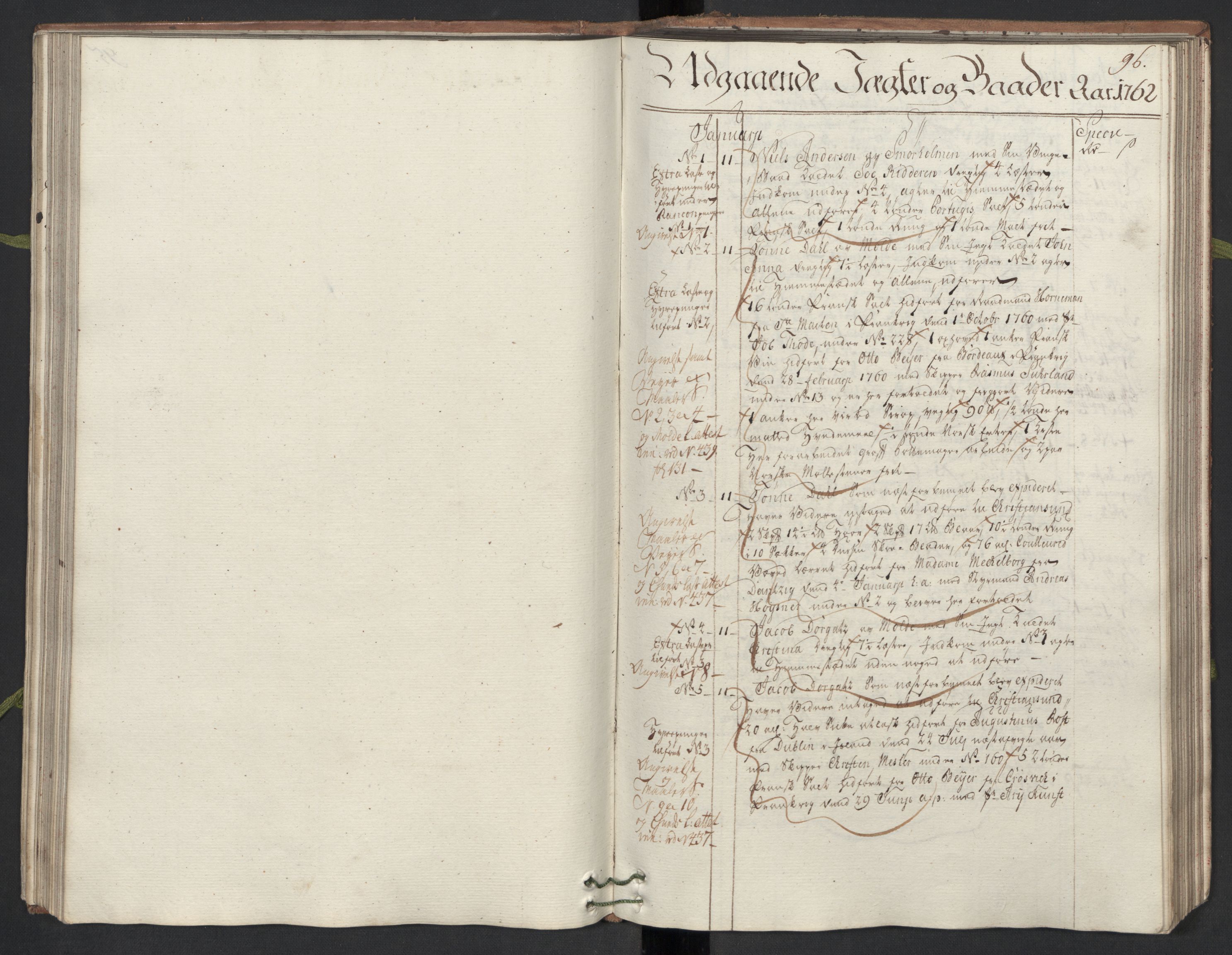 Generaltollkammeret, tollregnskaper, AV/RA-EA-5490/R33/L0075/0001: Tollregnskaper Trondheim A / Utgående hovedtollbok, 1762, p. 95b-96a