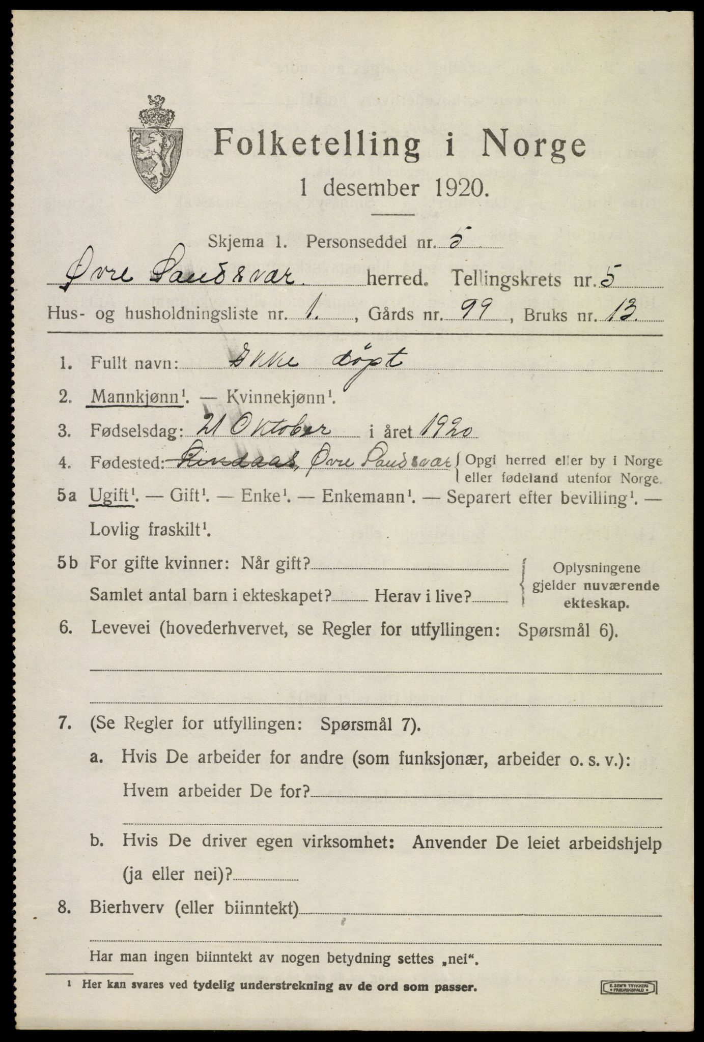 SAKO, 1920 census for Øvre Sandsvær, 1920, p. 2846