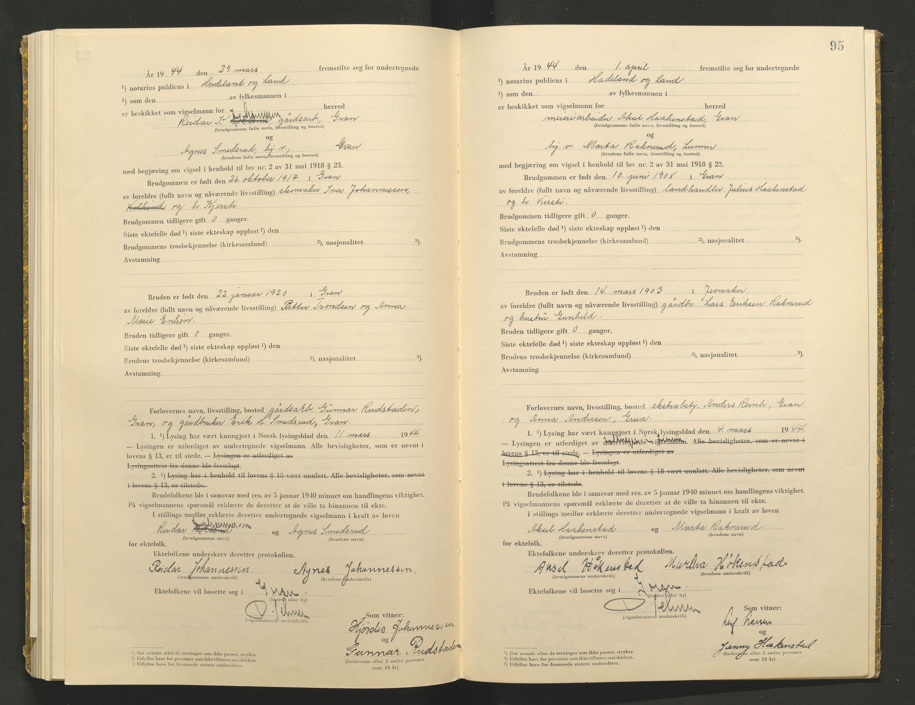 Hadeland og Land tingrett, AV/SAH-TING-010/L/Lb/L0002: Vigselbok, 1943-1944, p. 95