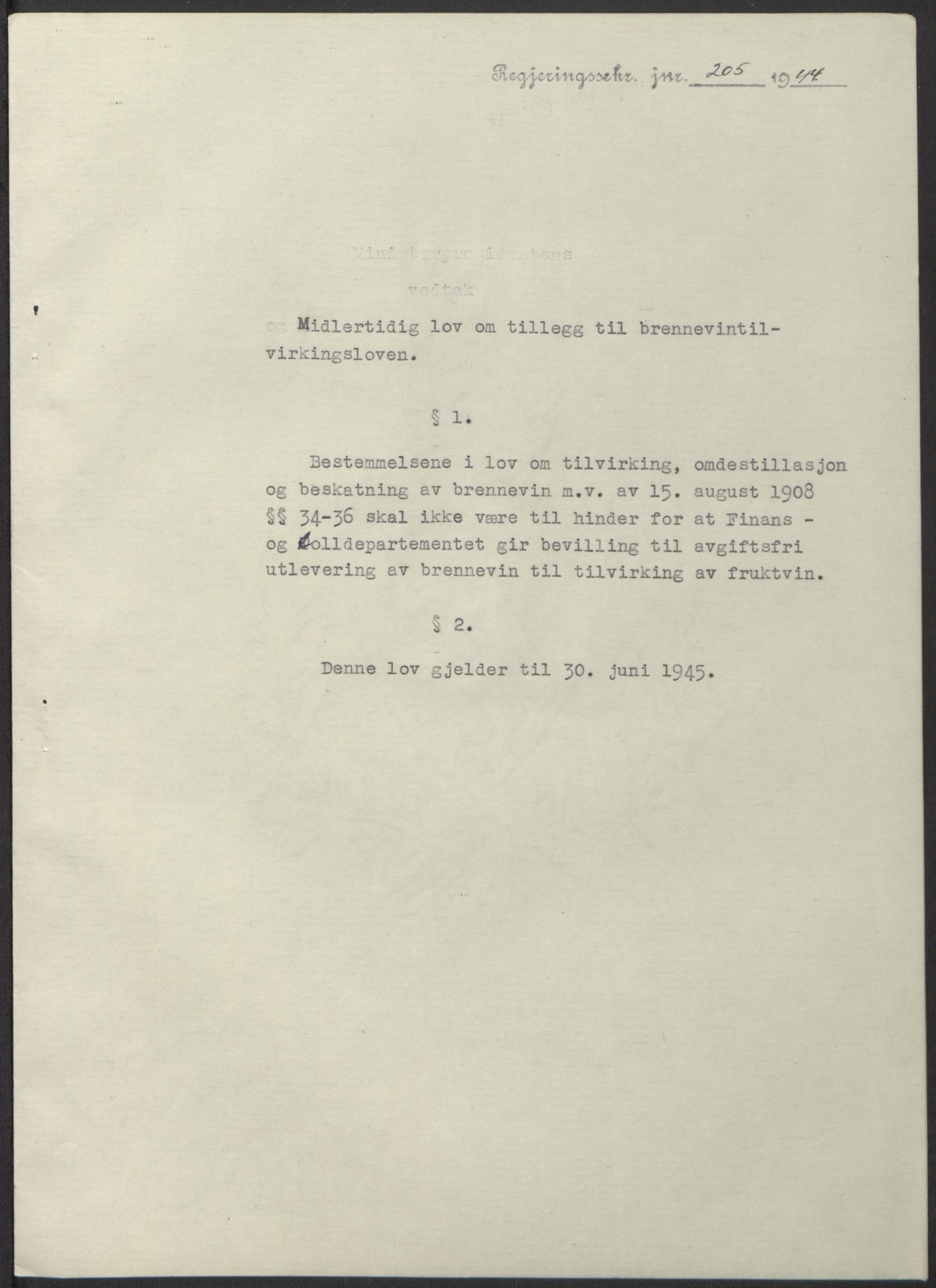 NS-administrasjonen 1940-1945 (Statsrådsekretariatet, de kommisariske statsråder mm), AV/RA-S-4279/D/Db/L0100: Lover, 1944, p. 356