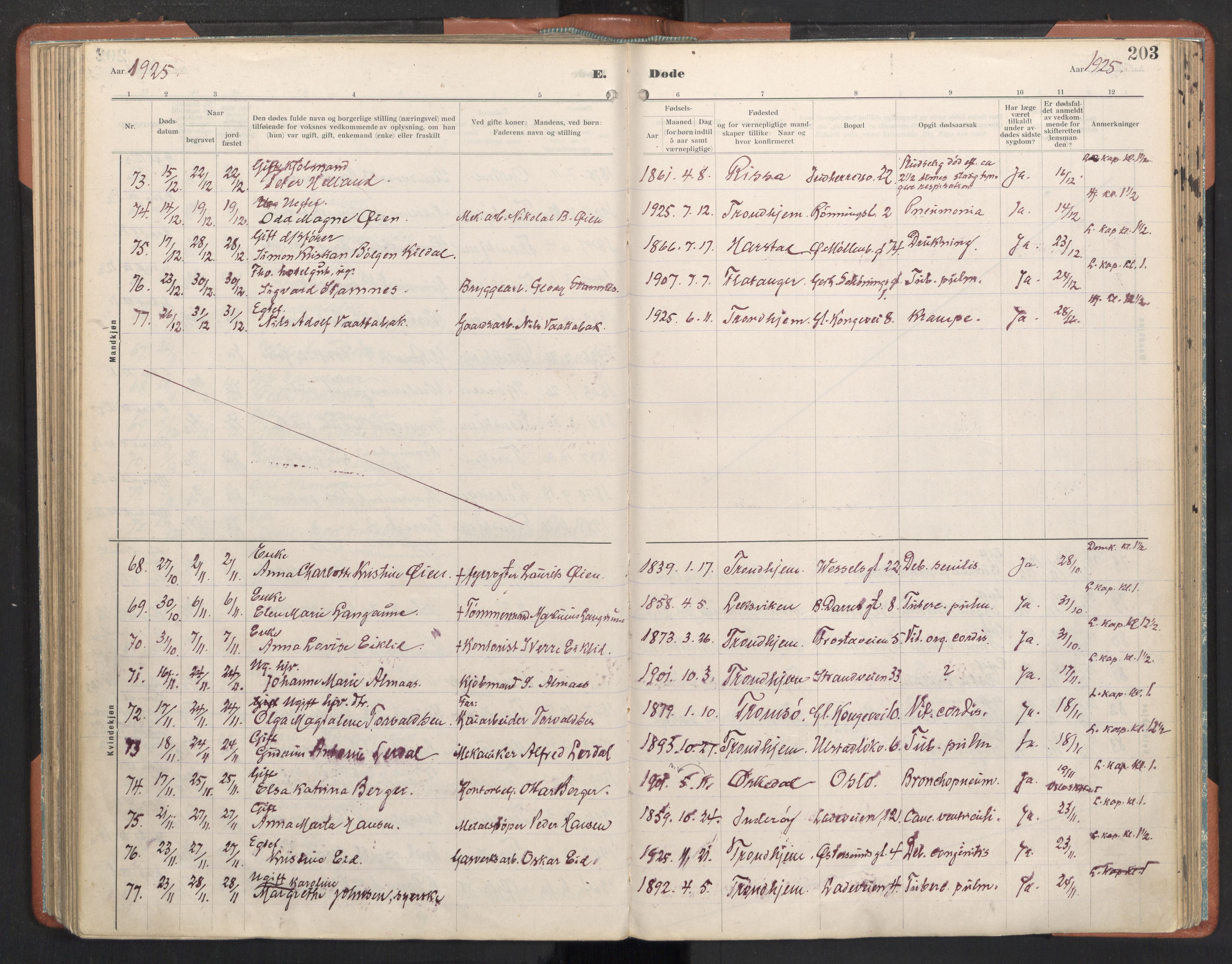 Ministerialprotokoller, klokkerbøker og fødselsregistre - Sør-Trøndelag, SAT/A-1456/605/L0245: Parish register (official) no. 605A07, 1916-1938, p. 203