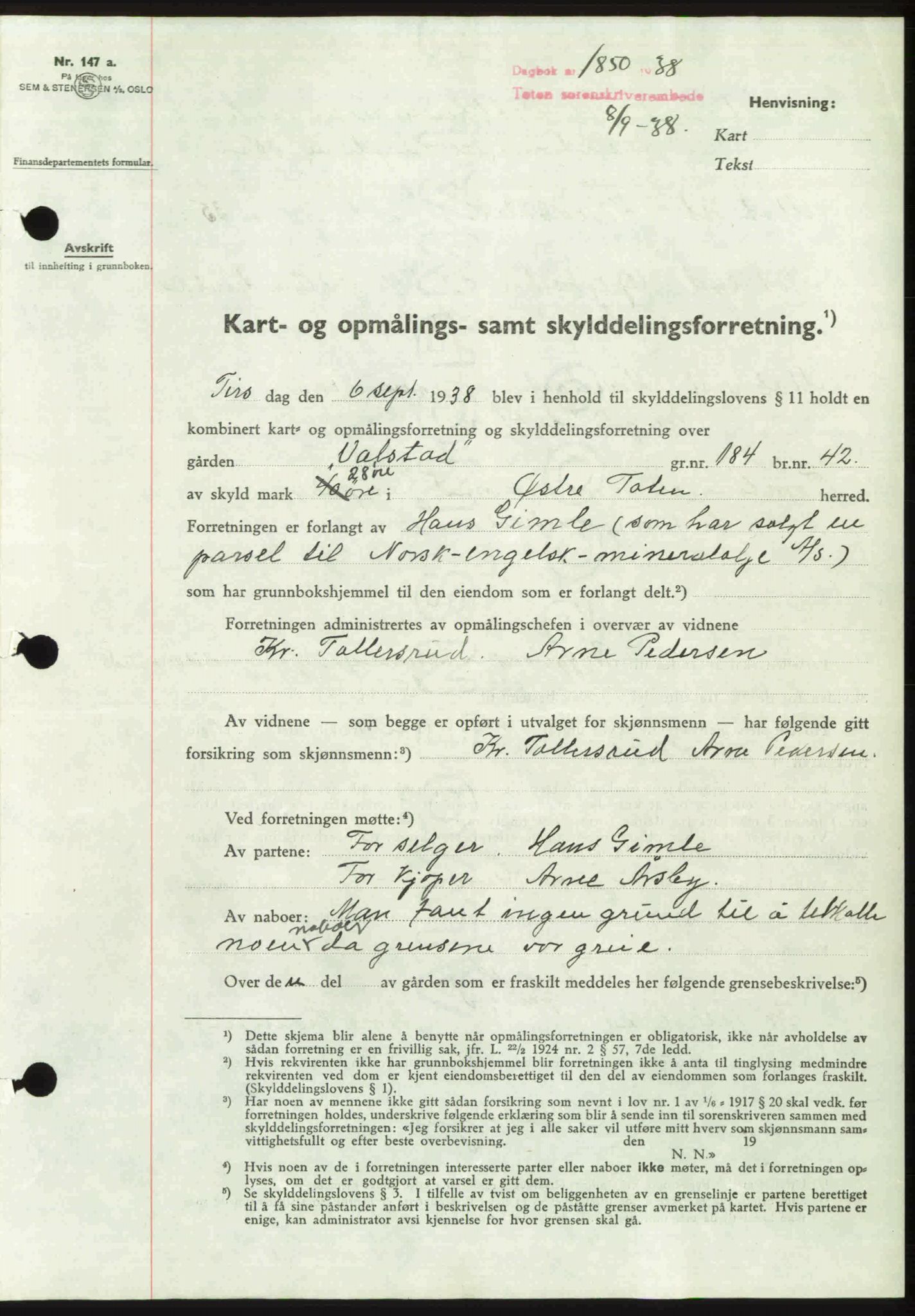 Toten tingrett, SAH/TING-006/H/Hb/Hbc/L0004: Mortgage book no. Hbc-04, 1938-1938, Diary no: : 1850/1938