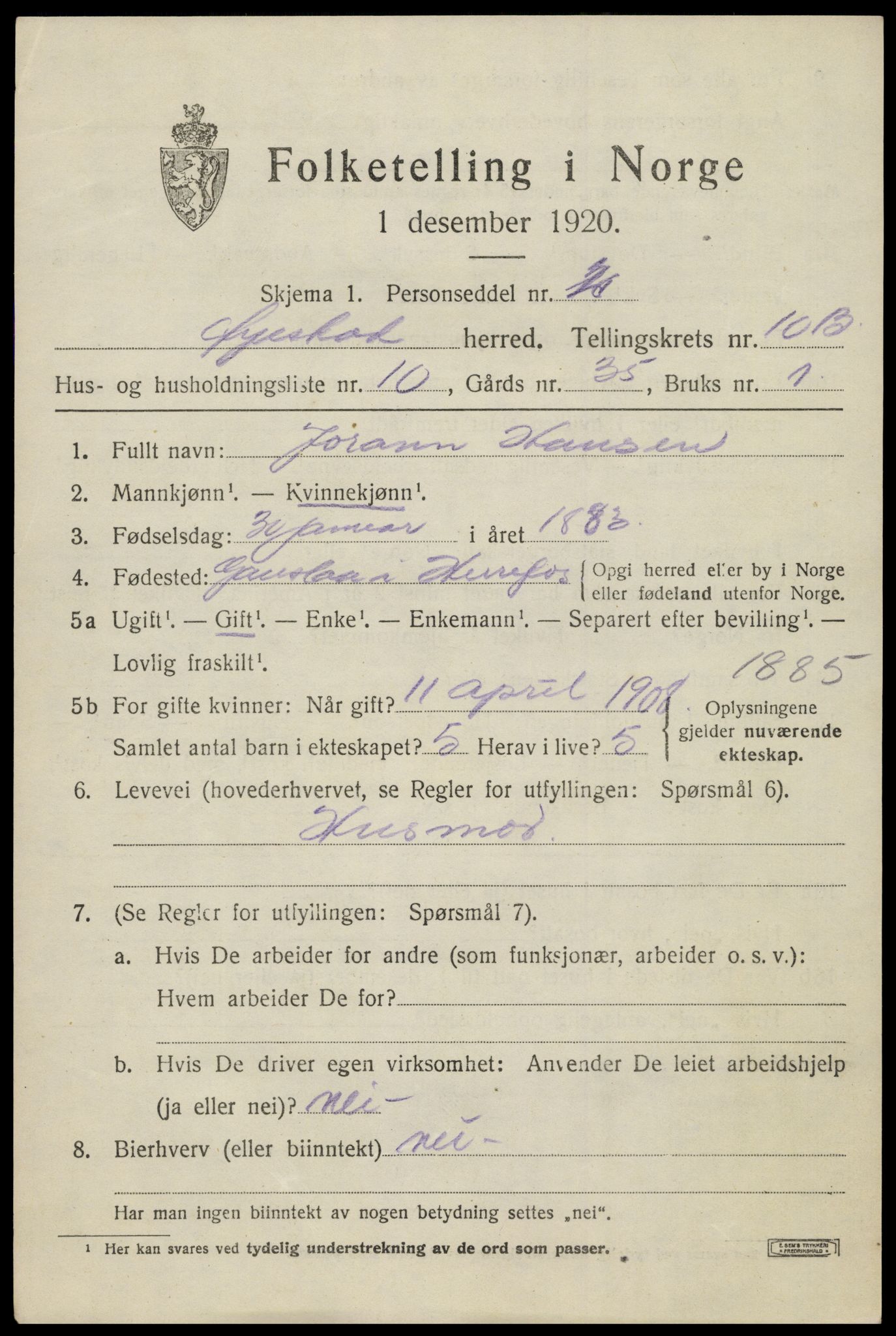 SAK, 1920 census for Øyestad, 1920, p. 6486