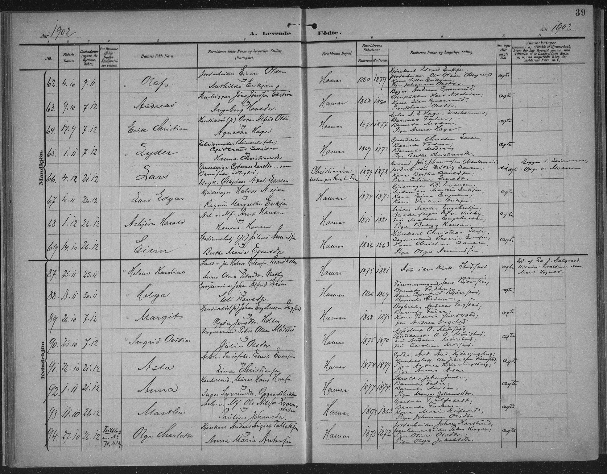 Hamar prestekontor, AV/SAH-DOMPH-002/H/Ha/Haa/L0001: Parish register (official) no. 1, 1900-1914, p. 39