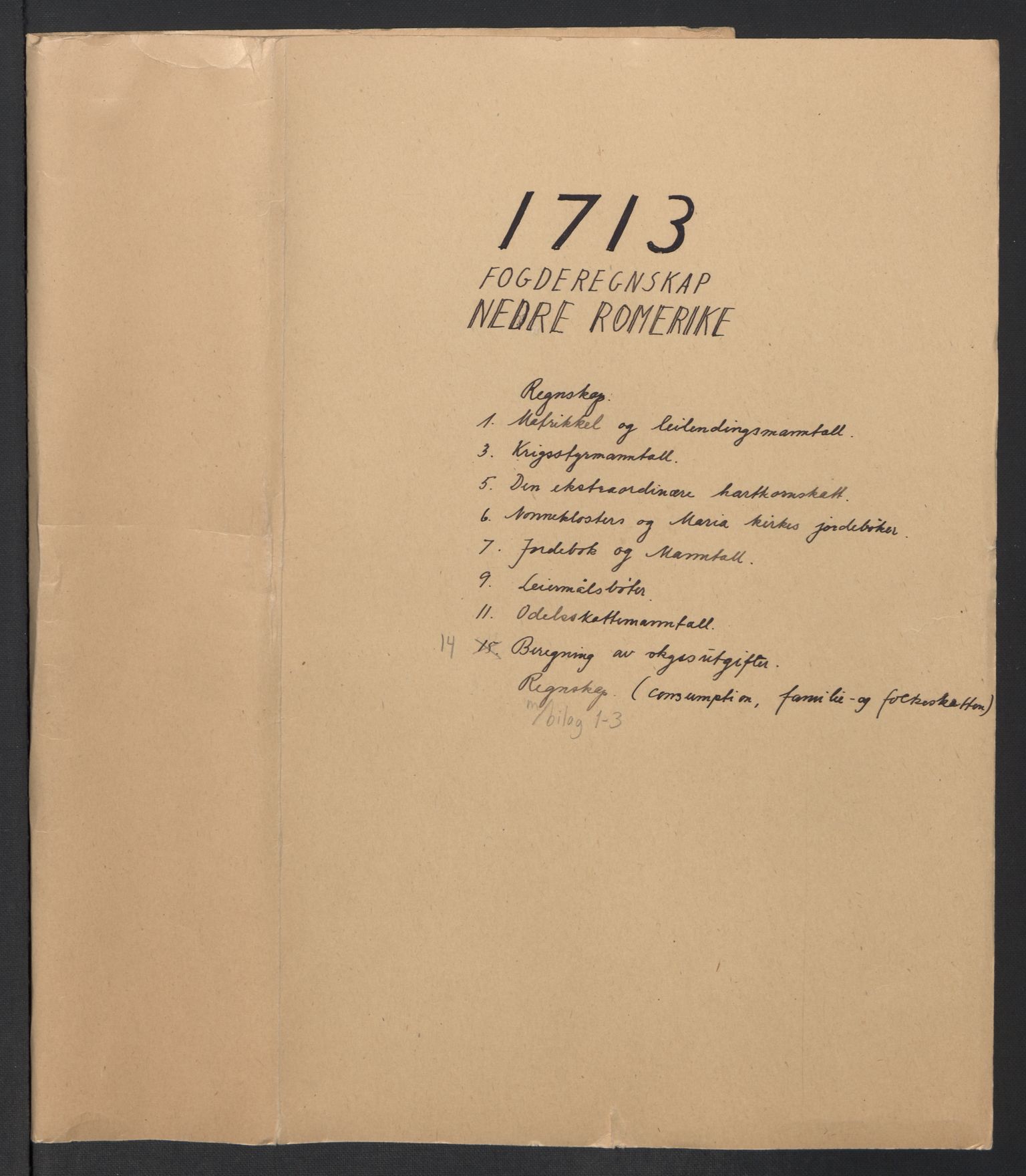 Rentekammeret inntil 1814, Reviderte regnskaper, Fogderegnskap, RA/EA-4092/R11/L0595: Fogderegnskap Nedre Romerike, 1713, p. 2