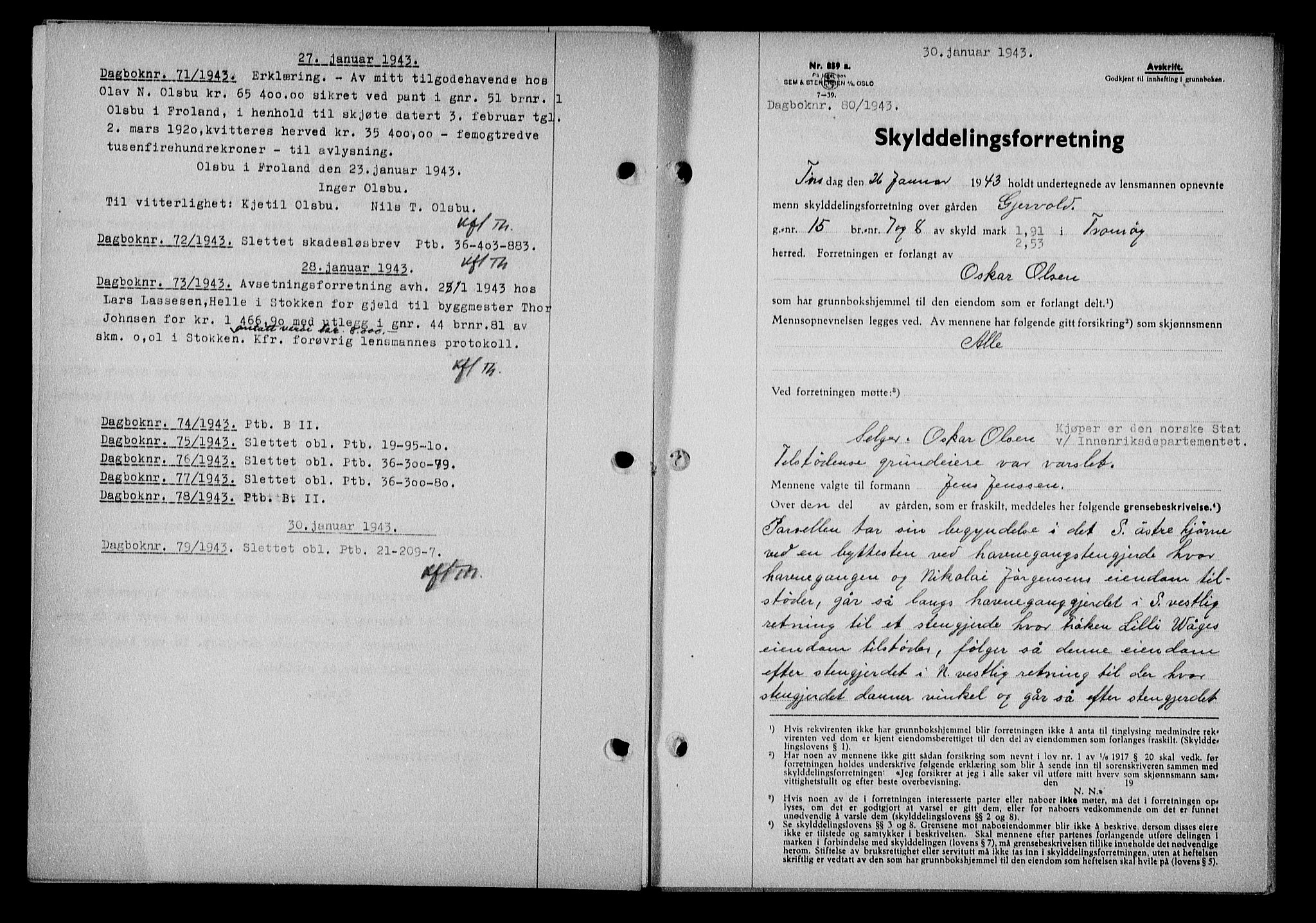 Nedenes sorenskriveri, SAK/1221-0006/G/Gb/Gba/L0050: Mortgage book no. A-IV, 1942-1943, Diary no: : 80/1943