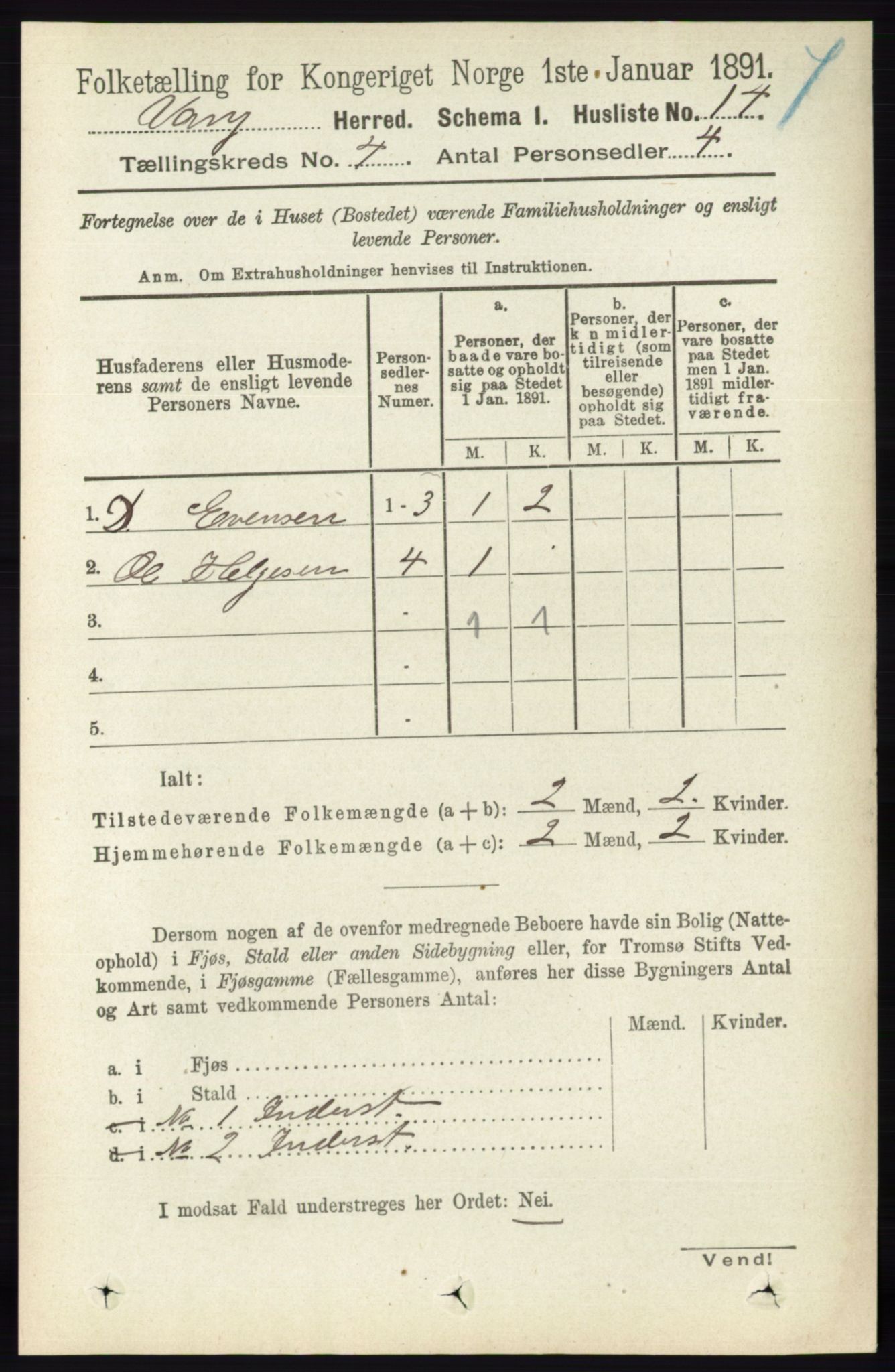 RA, 1891 census for 0414 Vang, 1891, p. 2643