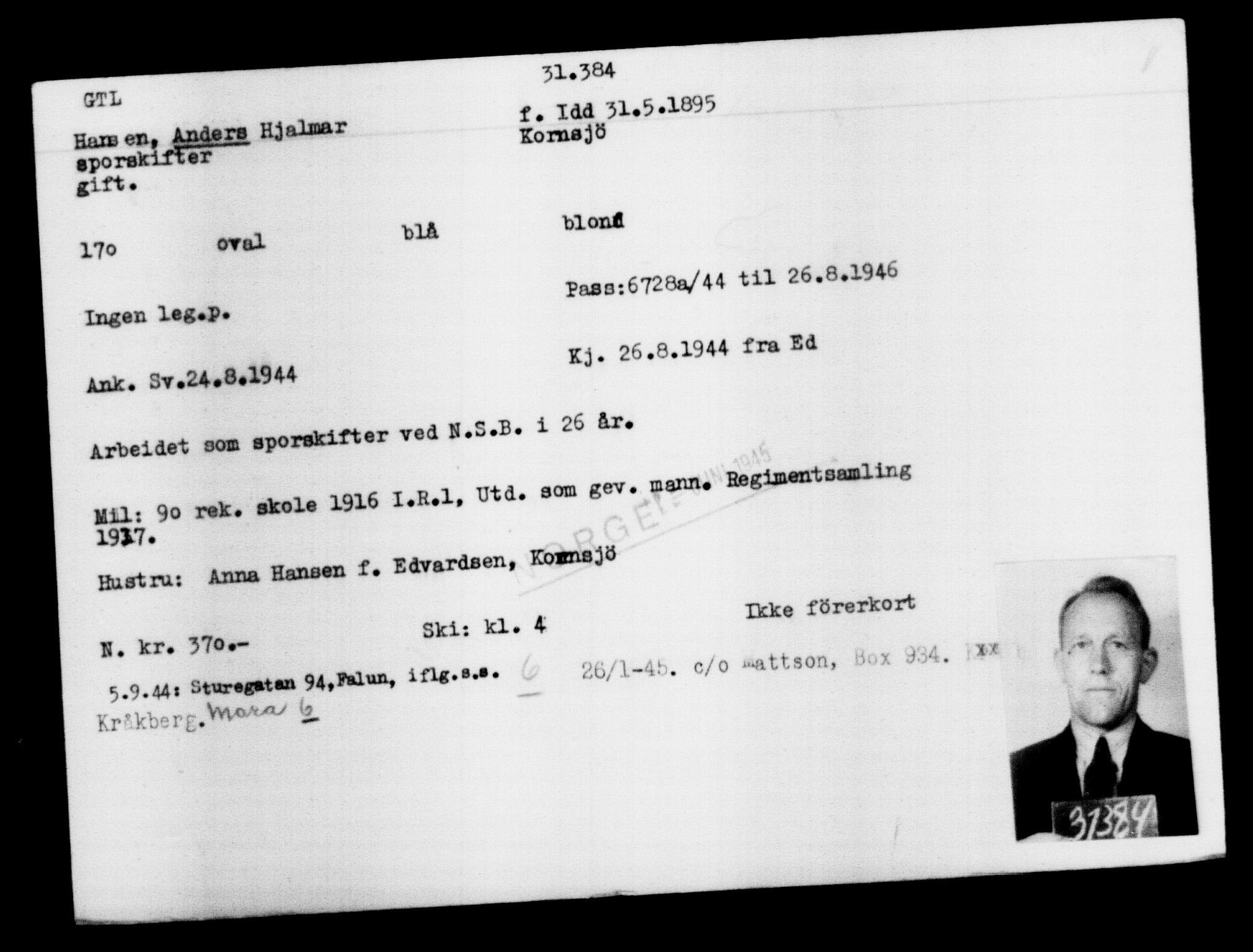 Utenriksstasjonene, Legasjonen i Stockholm, Flyktningkontoret, AV/RA-S-6753/V/Va/L0012: Kjesäterkartoteket, flyktninger med registreringsnr. 28300-31566, 1940-1945, p. 3337