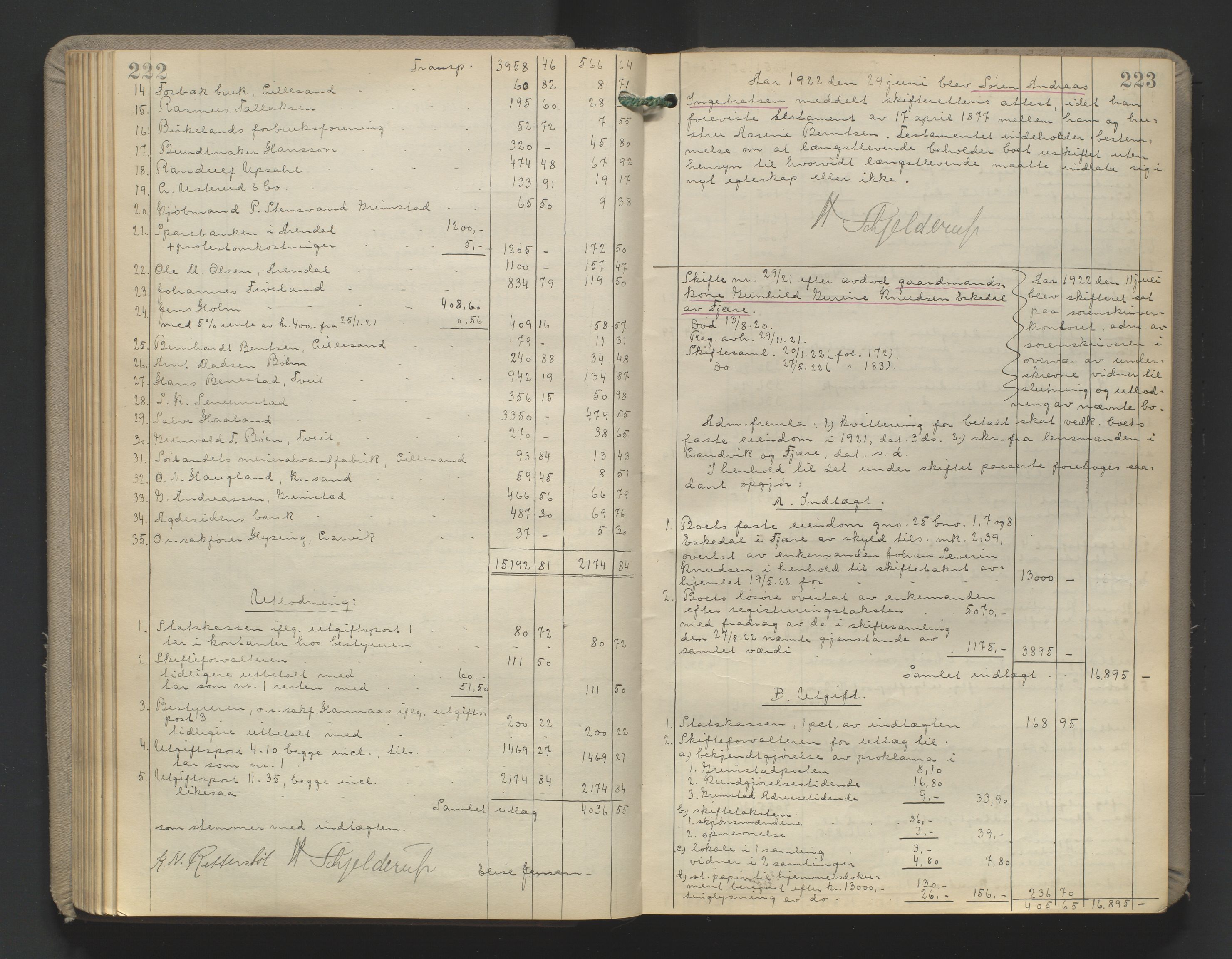 Vestre Nedenes/Sand sorenskriveri, AV/SAK-1221-0010/H/Hc/L0022: Skifteutlodningsprotokoll nr. 9, 1919-1932, p. 222-223