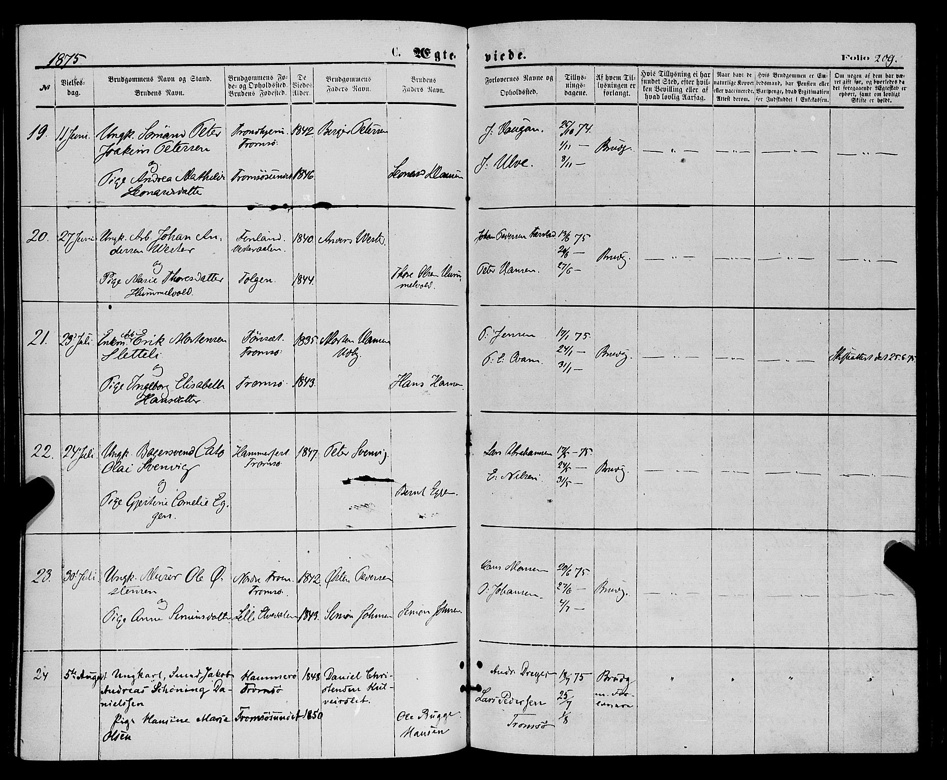 Tromsø sokneprestkontor/stiftsprosti/domprosti, SATØ/S-1343/G/Ga/L0013kirke: Parish register (official) no. 13, 1872-1877, p. 209