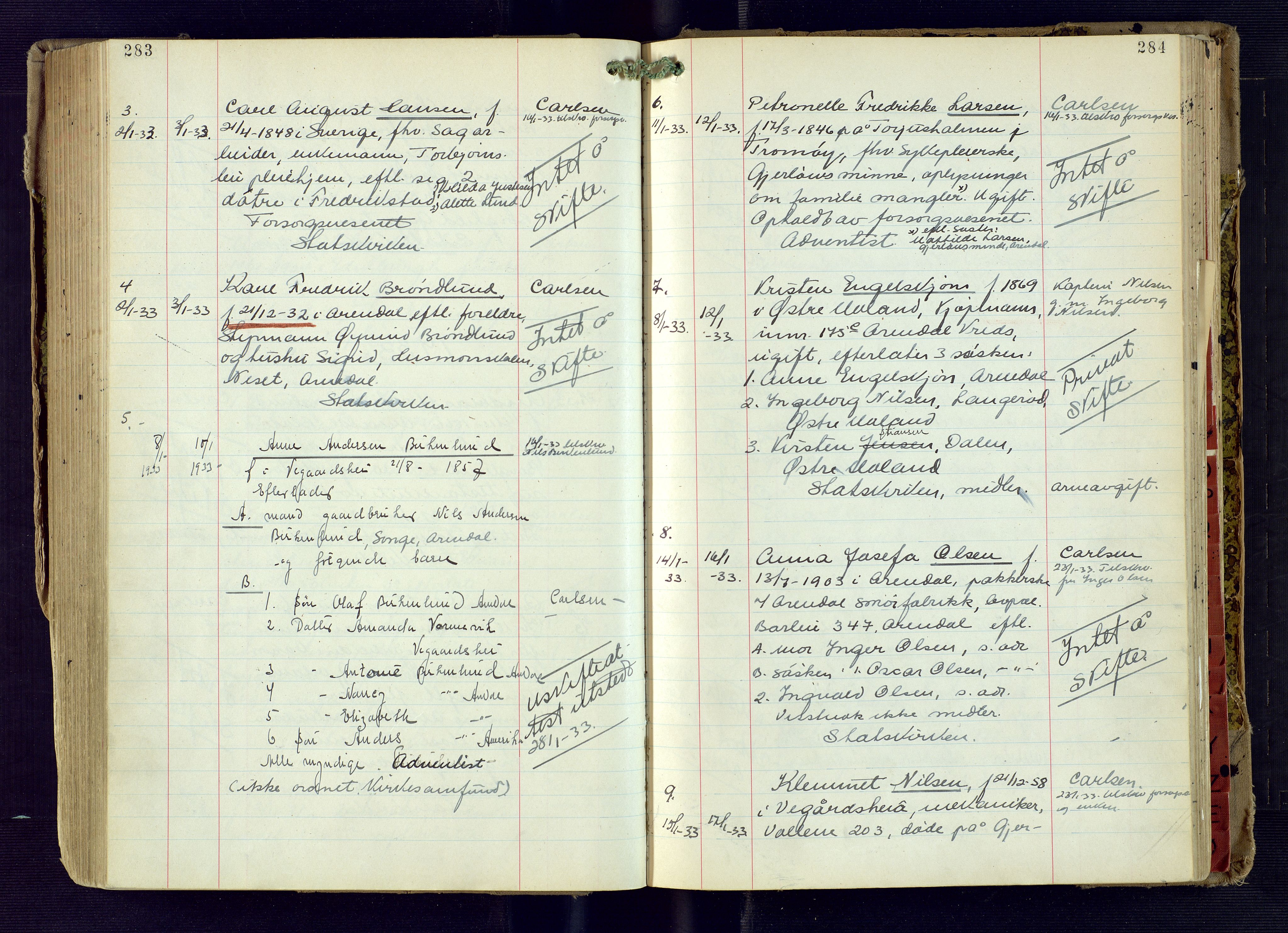 Arendal byfogd, SAK/1222-0001/H/Ha/L0005: Dødsfallsprotokoll, 1926-1935, p. 283-284