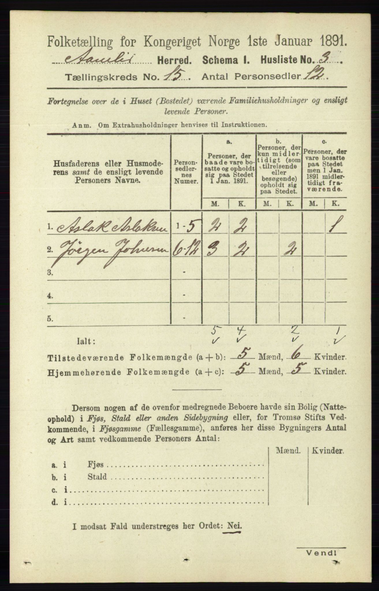 RA, 1891 census for 0929 Åmli, 1891, p. 2521