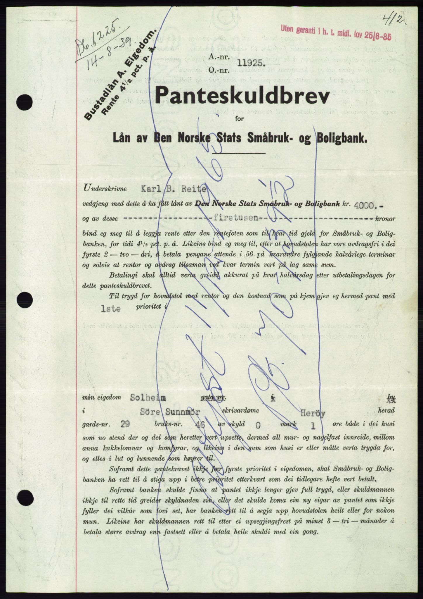 Søre Sunnmøre sorenskriveri, AV/SAT-A-4122/1/2/2C/L0068: Mortgage book no. 62, 1939-1939, Diary no: : 1225/1939