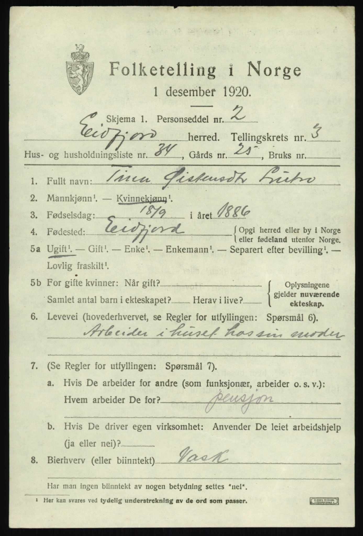 SAB, 1920 census for Eidfjord, 1920, p. 1336