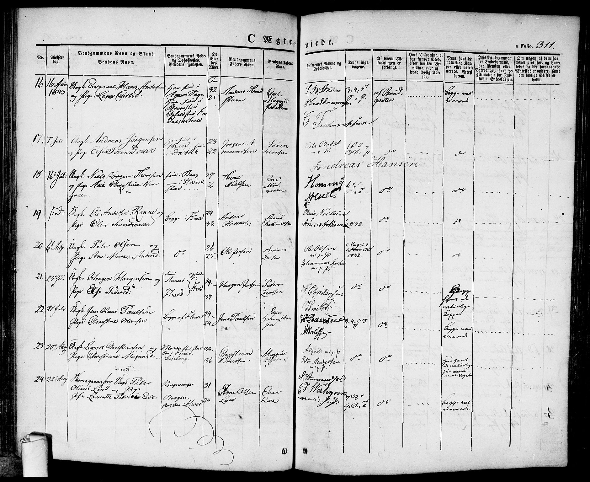 Halden prestekontor Kirkebøker, AV/SAO-A-10909/F/Fa/L0005: Parish register (official) no. I 5, 1834-1845, p. 311