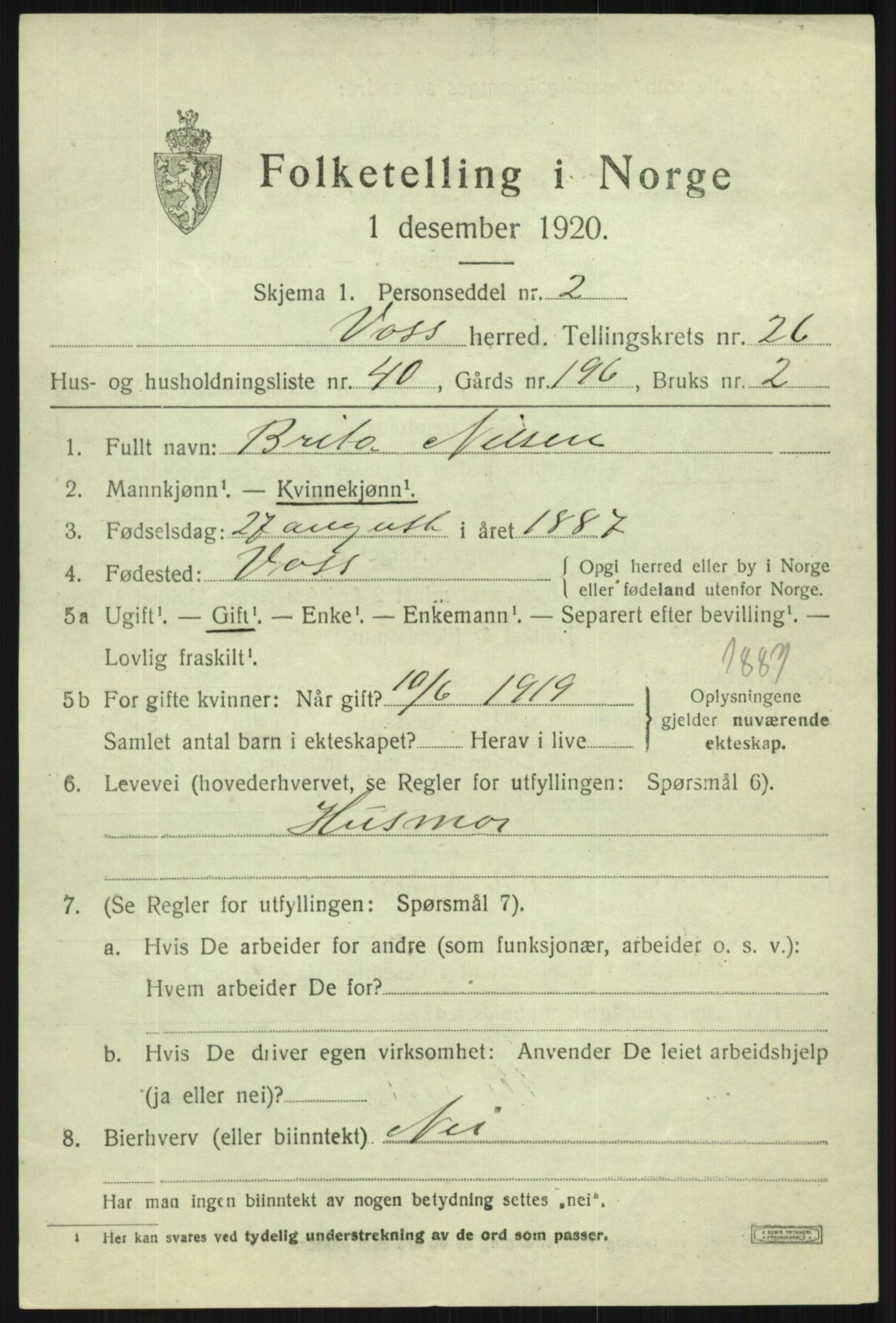 SAB, 1920 census for Voss, 1920, p. 18441