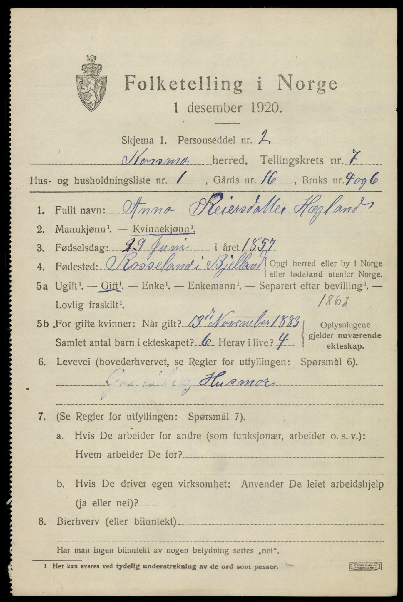 SAK, 1920 census for Konsmo, 1920, p. 1466