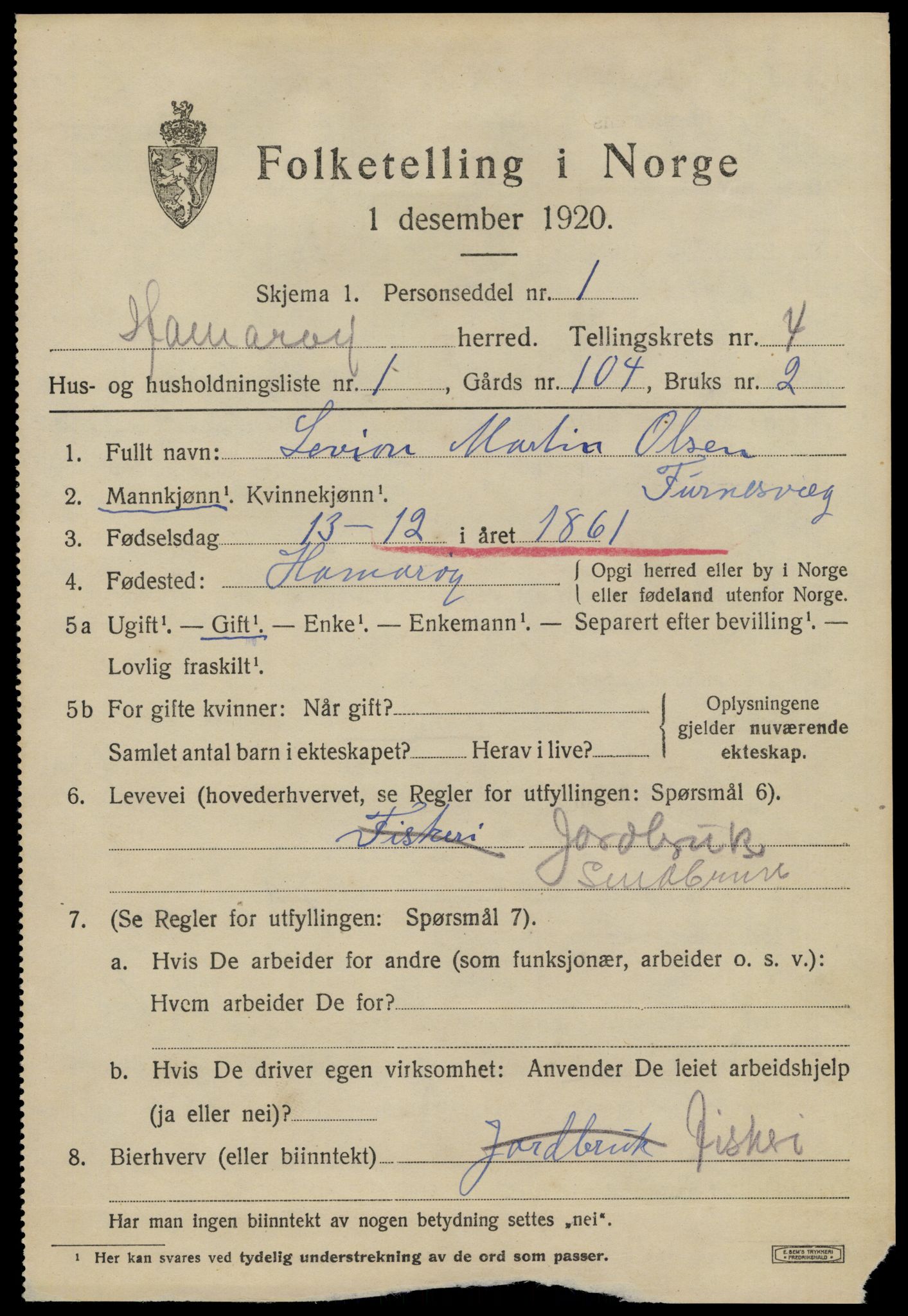 SAT, 1920 census for Hamarøy, 1920, p. 2318