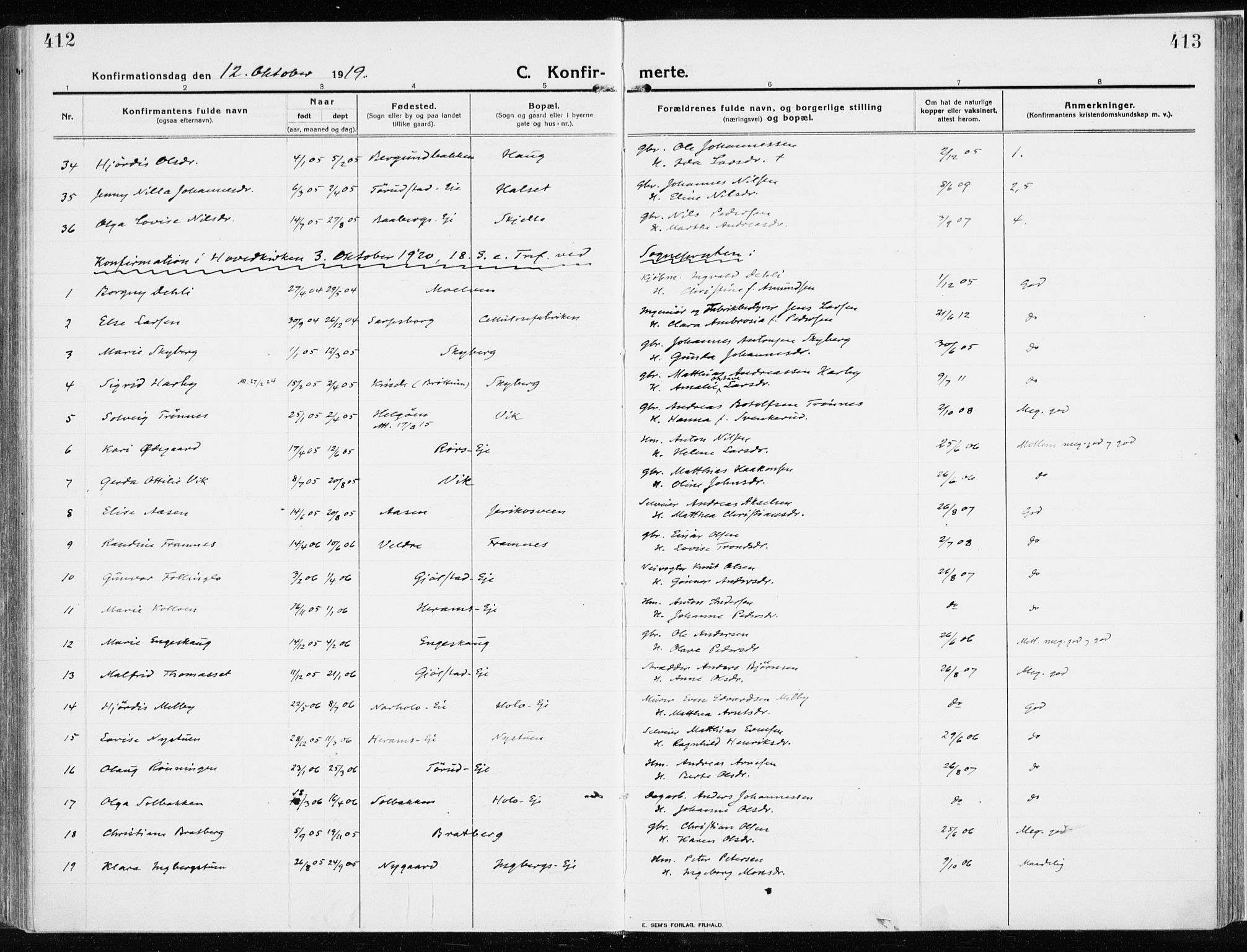 Ringsaker prestekontor, SAH/PREST-014/K/Ka/L0020: Parish register (official) no. 20, 1913-1922, p. 412-413
