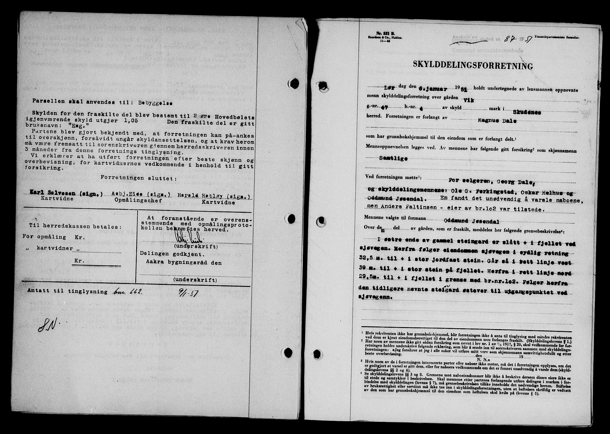 Karmsund sorenskriveri, SAST/A-100311/01/II/IIB/L0101: Mortgage book no. 81A, 1950-1951, Diary no: : 87/1951