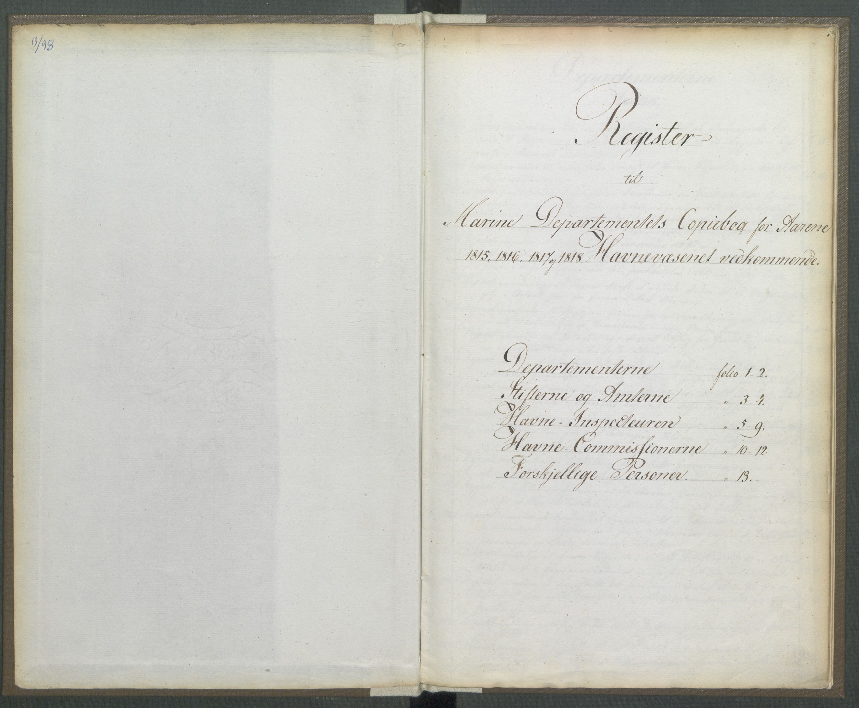Marinedepartementet/ Marine- og postdepartementet, RA/RAFA-3792/B/Ba/L0005a: Register til Marinedepartementets kopibøker, 1815-1818