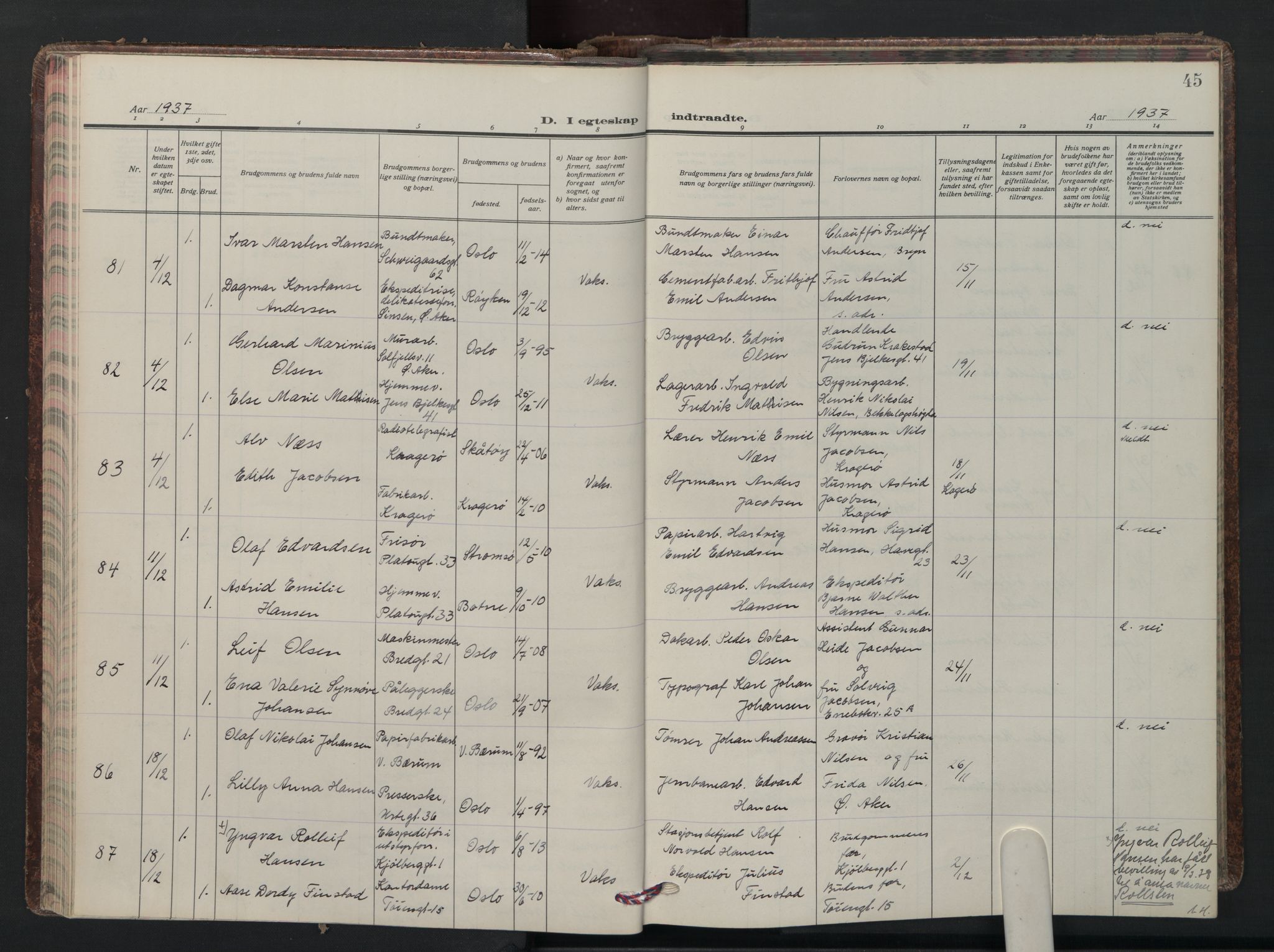 Grønland prestekontor Kirkebøker, AV/SAO-A-10848/F/Fa/L0020: Parish register (official) no. 20, 1935-1946, p. 45