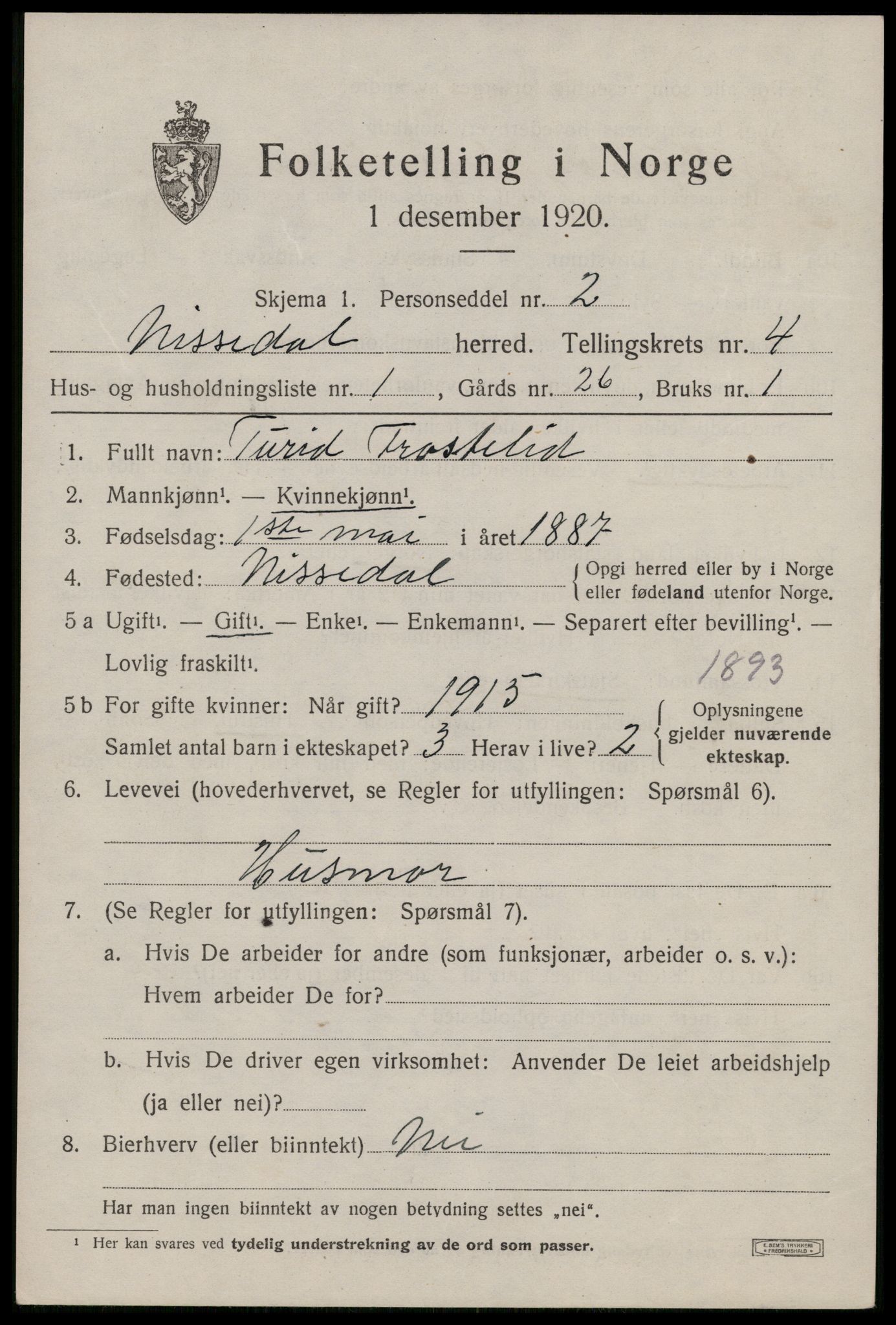 SAKO, 1920 census for Nissedal, 1920, p. 1829