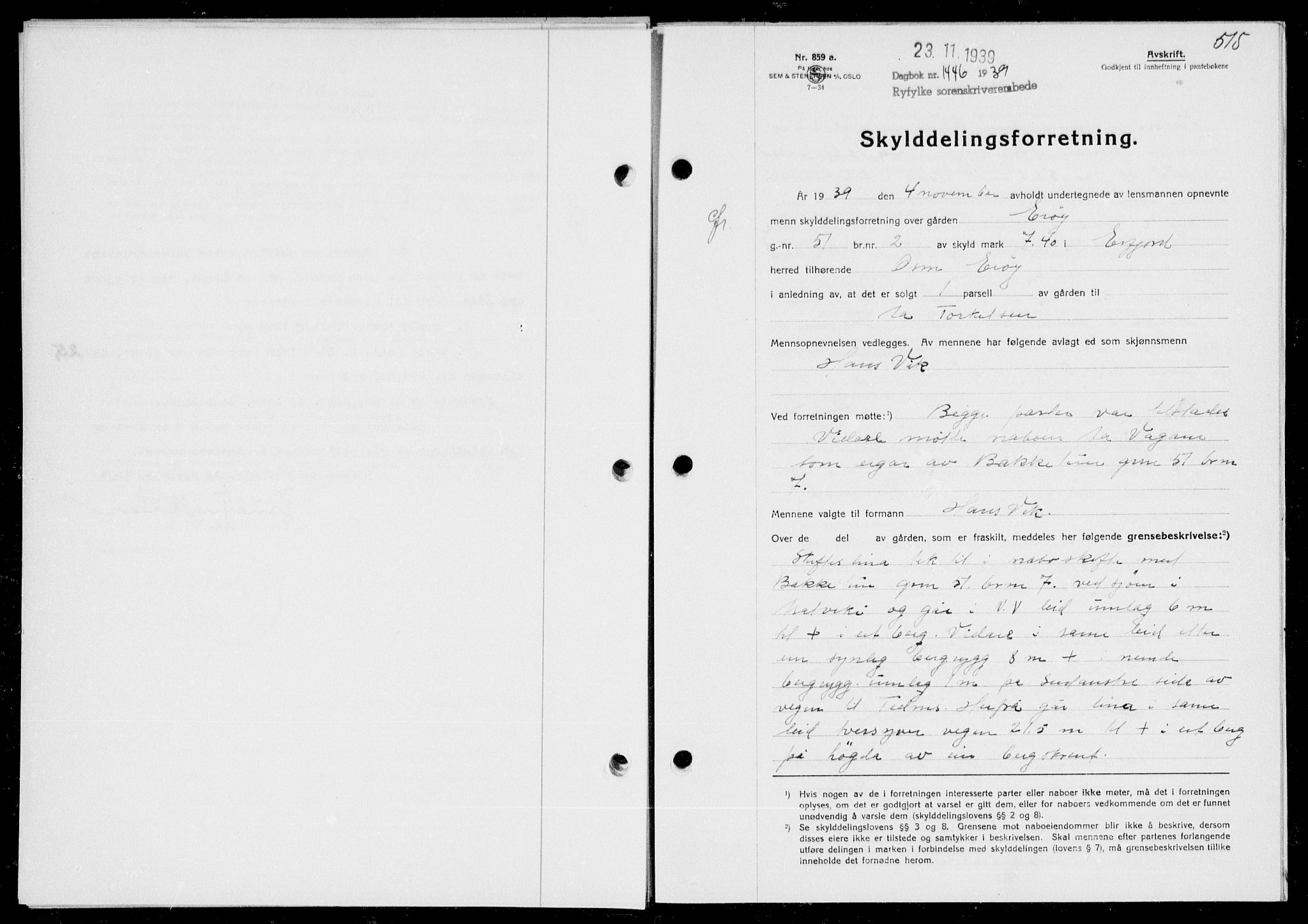 Ryfylke tingrett, AV/SAST-A-100055/001/II/IIB/L0080: Mortgage book no. 59, 1939-1939, Diary no: : 1446/1939