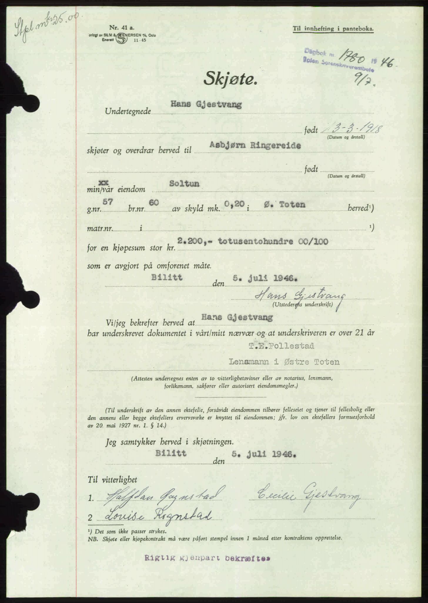 Toten tingrett, AV/SAH-TING-006/H/Hb/Hbc/L0015: Mortgage book no. Hbc-15, 1946-1946, Diary no: : 1780/1946