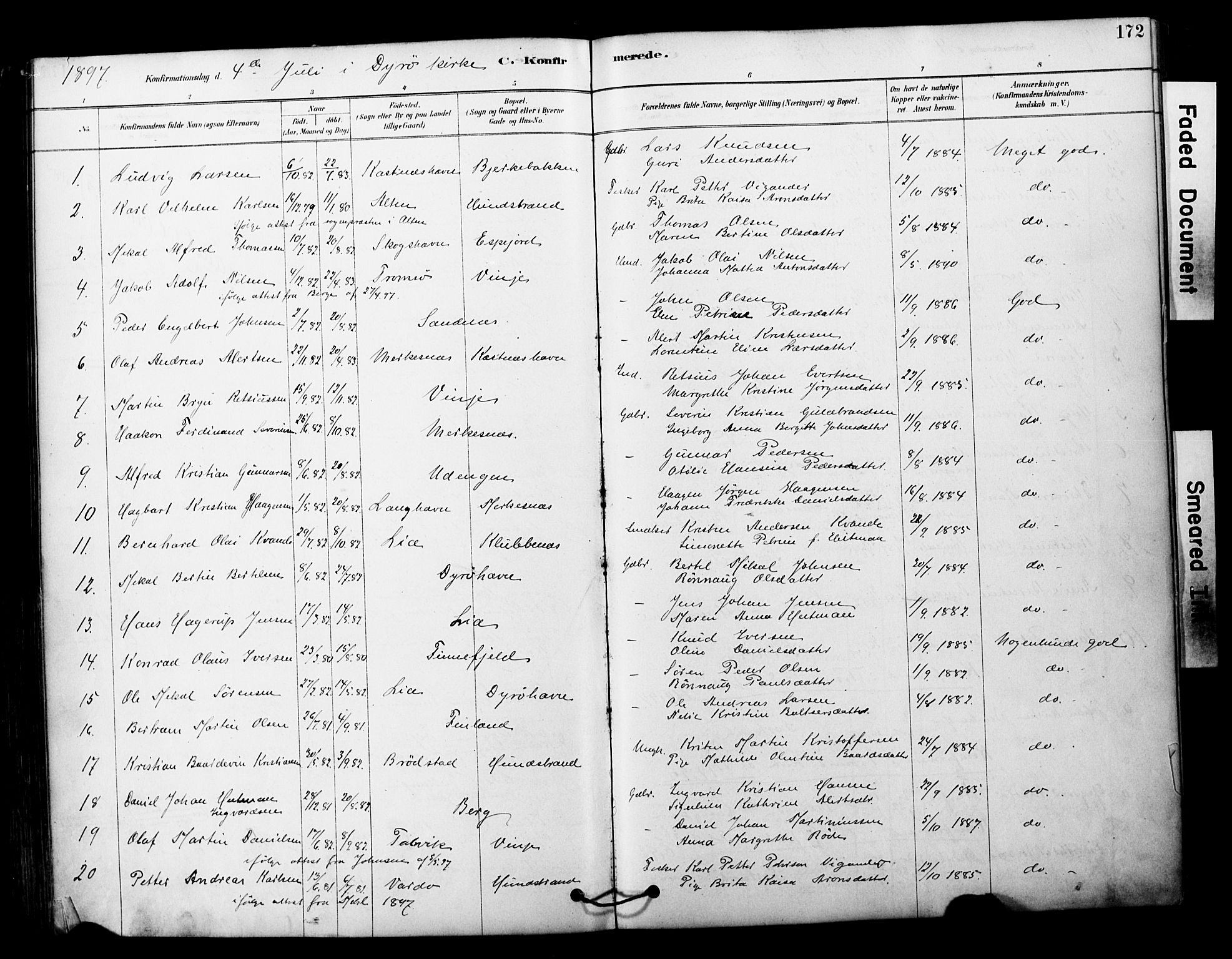 Tranøy sokneprestkontor, SATØ/S-1313/I/Ia/Iaa/L0011kirke: Parish register (official) no. 11, 1878-1904, p. 172