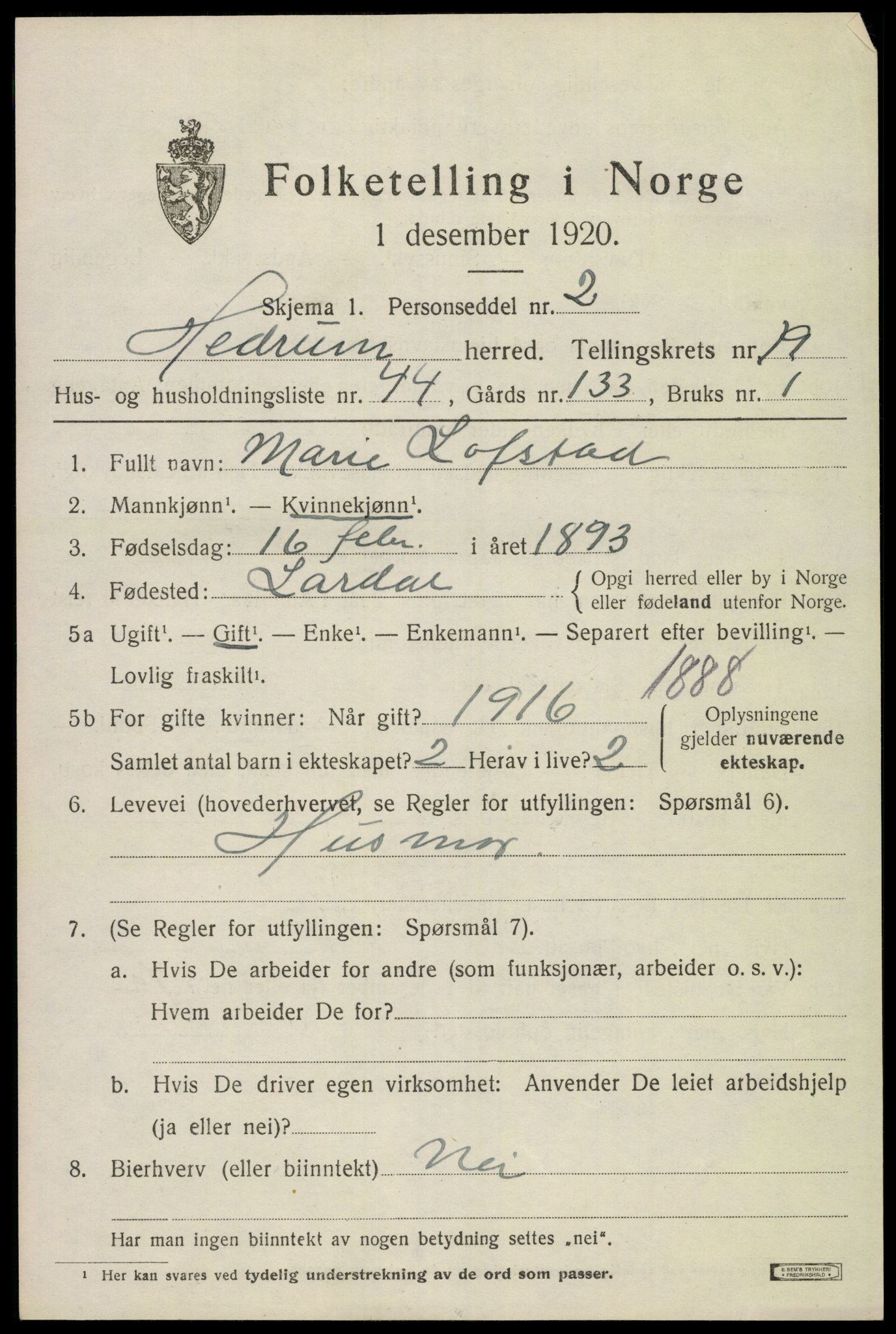 SAKO, 1920 census for Hedrum, 1920, p. 11869