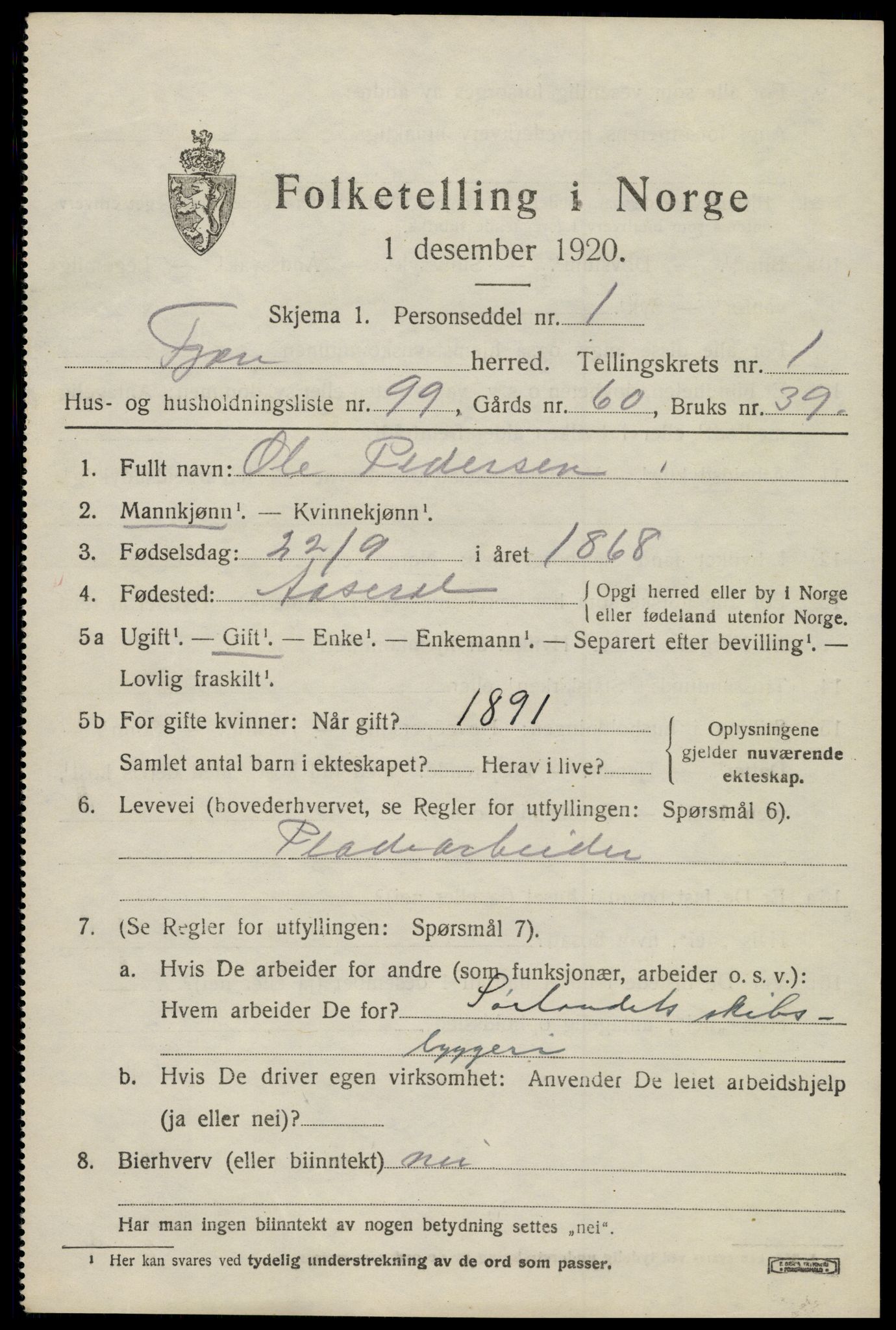 SAK, 1920 census for Fjære, 1920, p. 3159