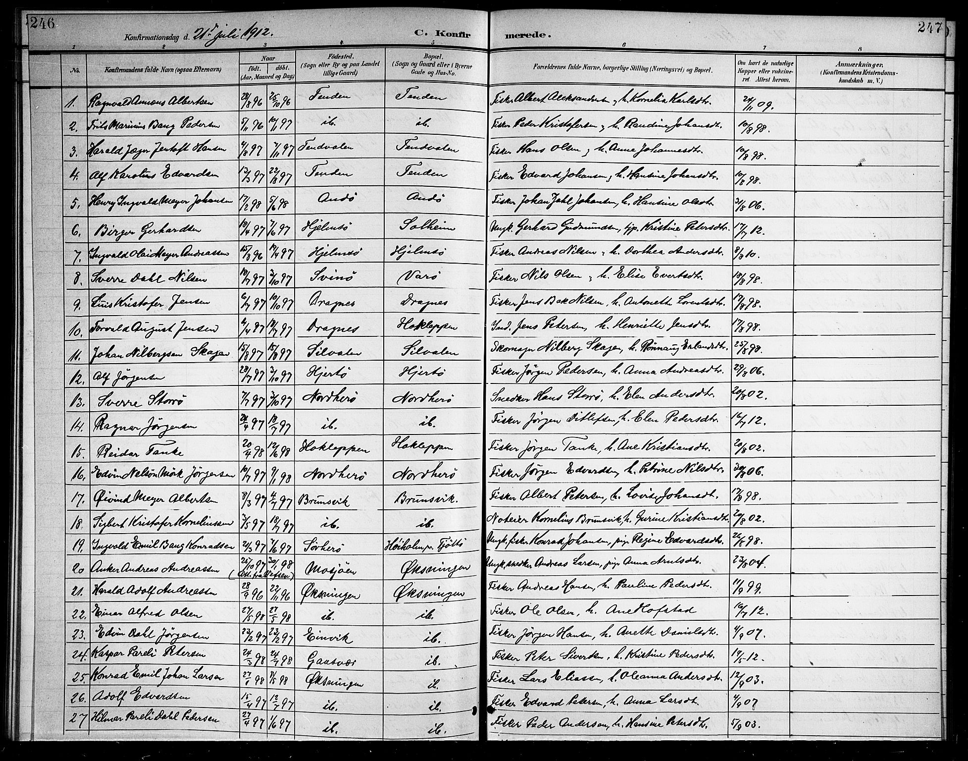 Ministerialprotokoller, klokkerbøker og fødselsregistre - Nordland, SAT/A-1459/834/L0516: Parish register (copy) no. 834C06, 1902-1918, p. 246-247