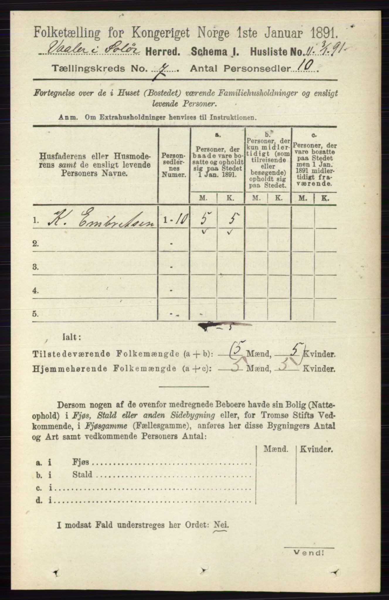 RA, 1891 census for 0426 Våler, 1891, p. 2879