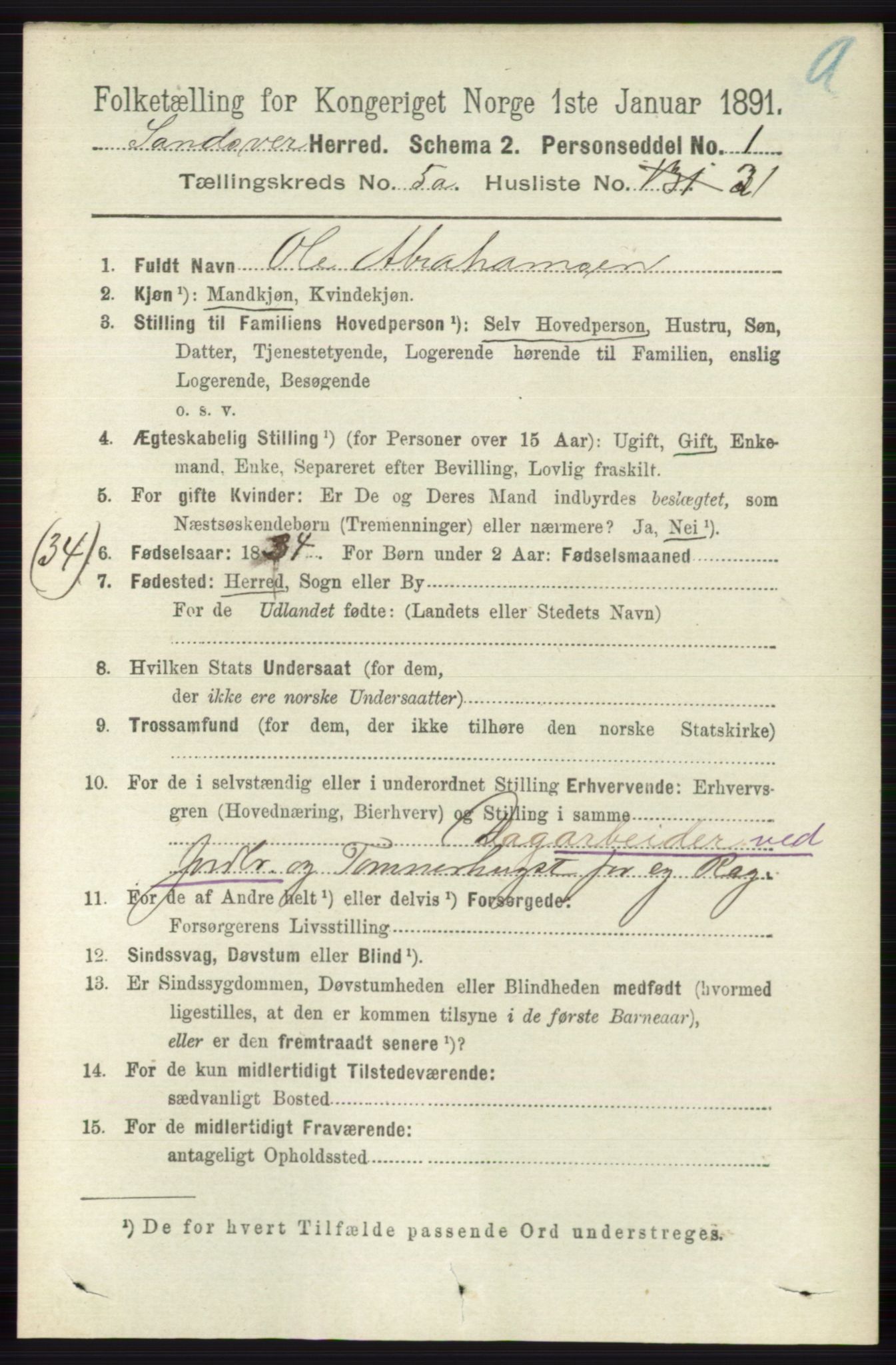 RA, 1891 census for 0629 Sandsvær, 1891, p. 2599