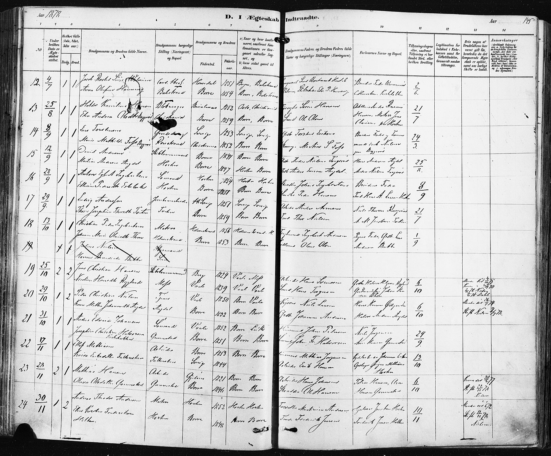 Borre kirkebøker, AV/SAKO-A-338/F/Fa/L0009: Parish register (official) no. I 9, 1878-1896, p. 145