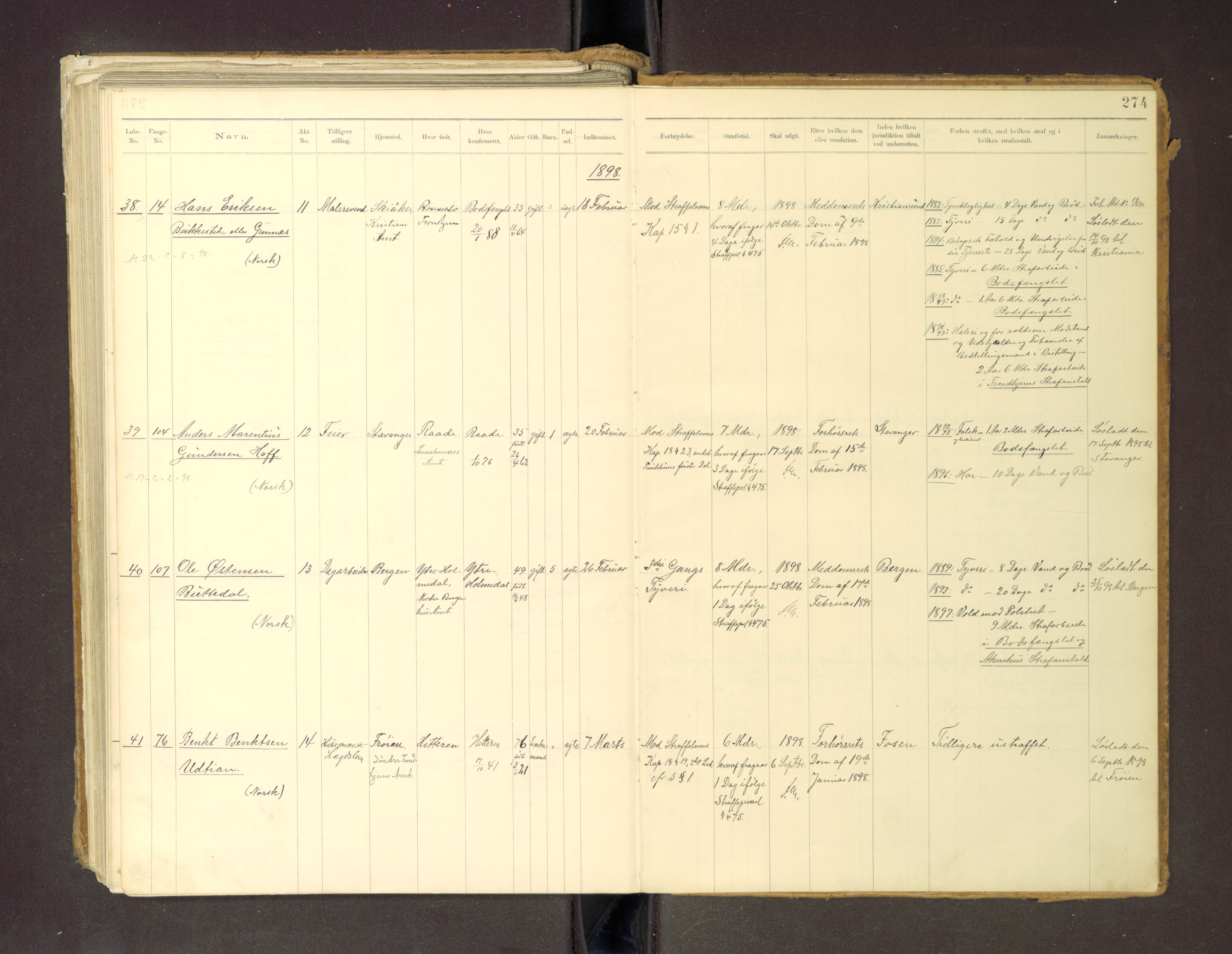 Trondheim tukthus, SAT/A-4619/05/65/L0036: 65.36 Fangeprotokoll m/reg, 1885-1898, p. 274