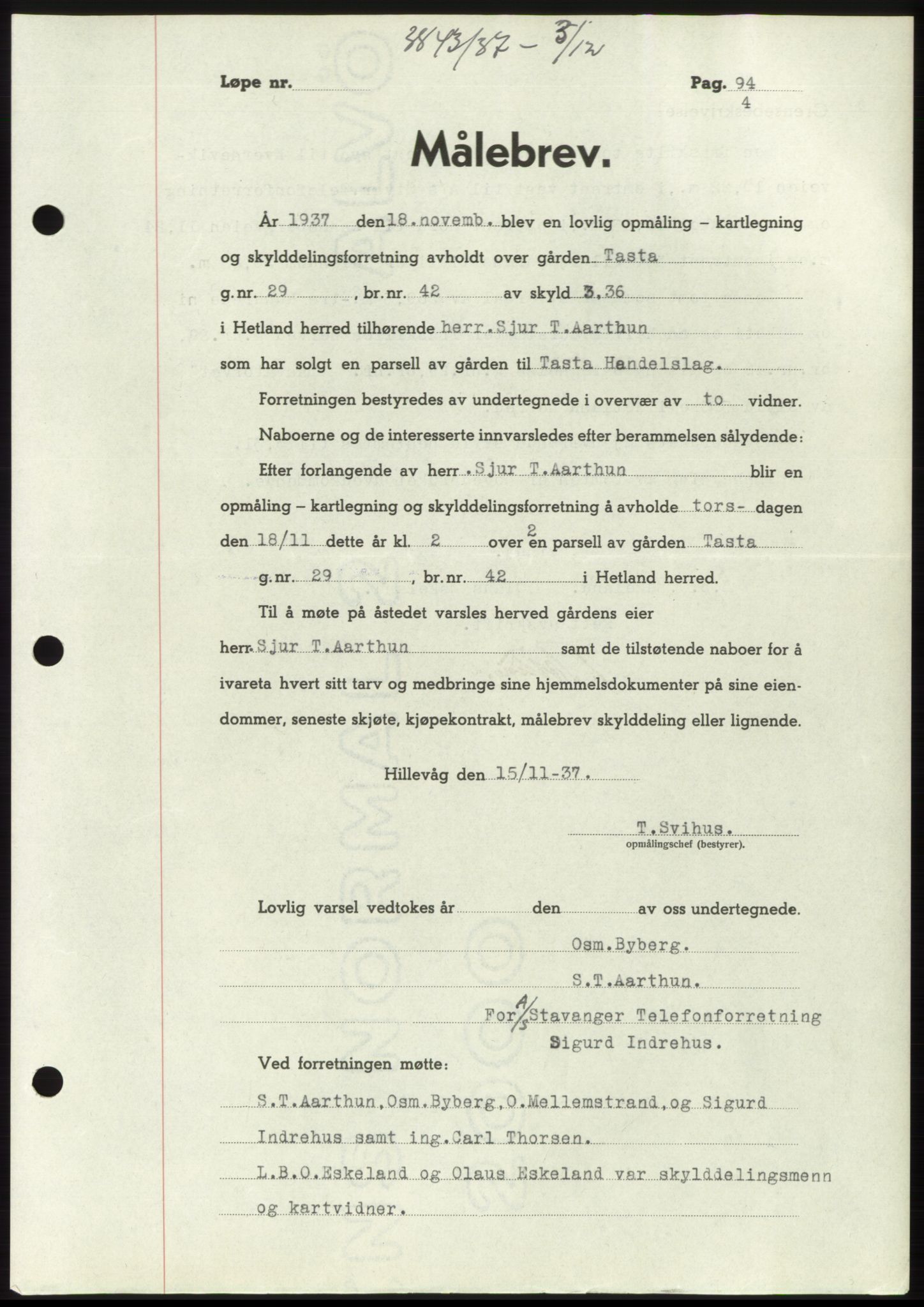 Jæren sorenskriveri, SAST/A-100310/03/G/Gba/L0069: Mortgage book, 1937-1937, Diary no: : 3843/1937