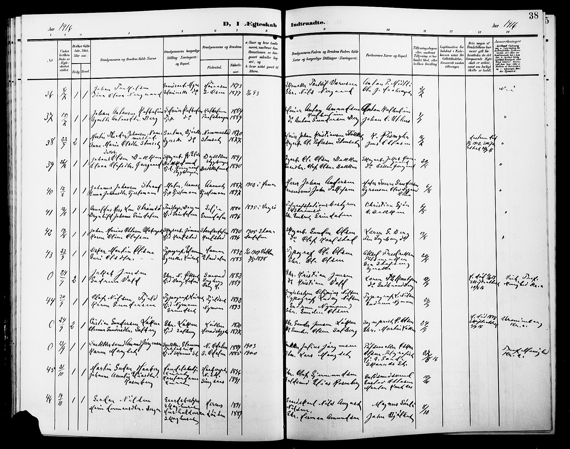 Elverum prestekontor, AV/SAH-PREST-044/H/Ha/Hab/L0009: Parish register (copy) no. 9, 1908-1921, p. 38