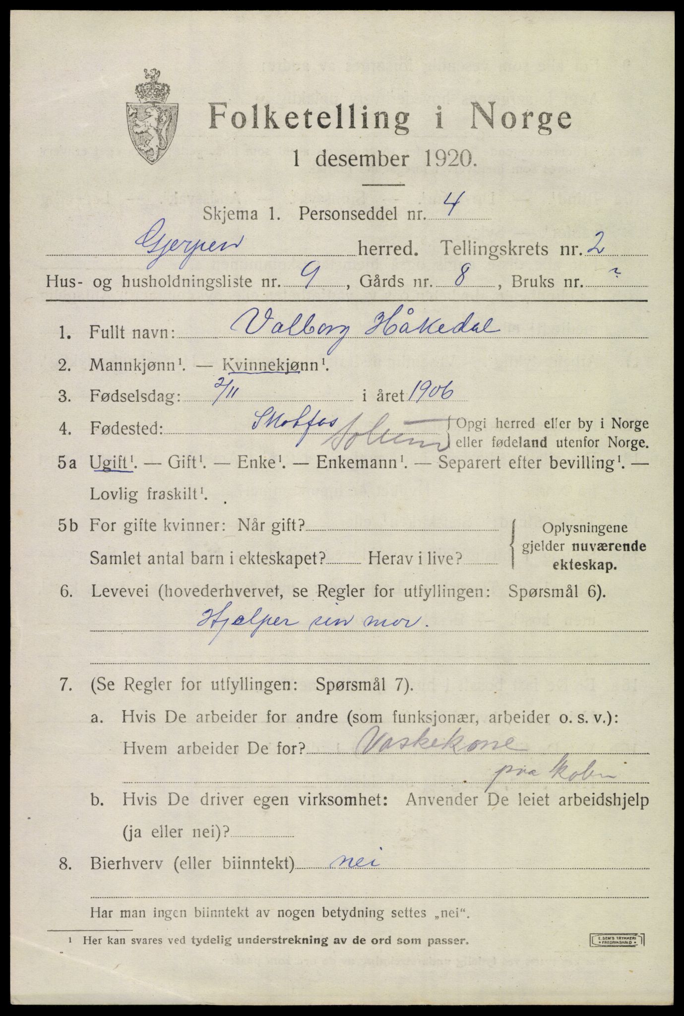 SAKO, 1920 census for Gjerpen, 1920, p. 4194