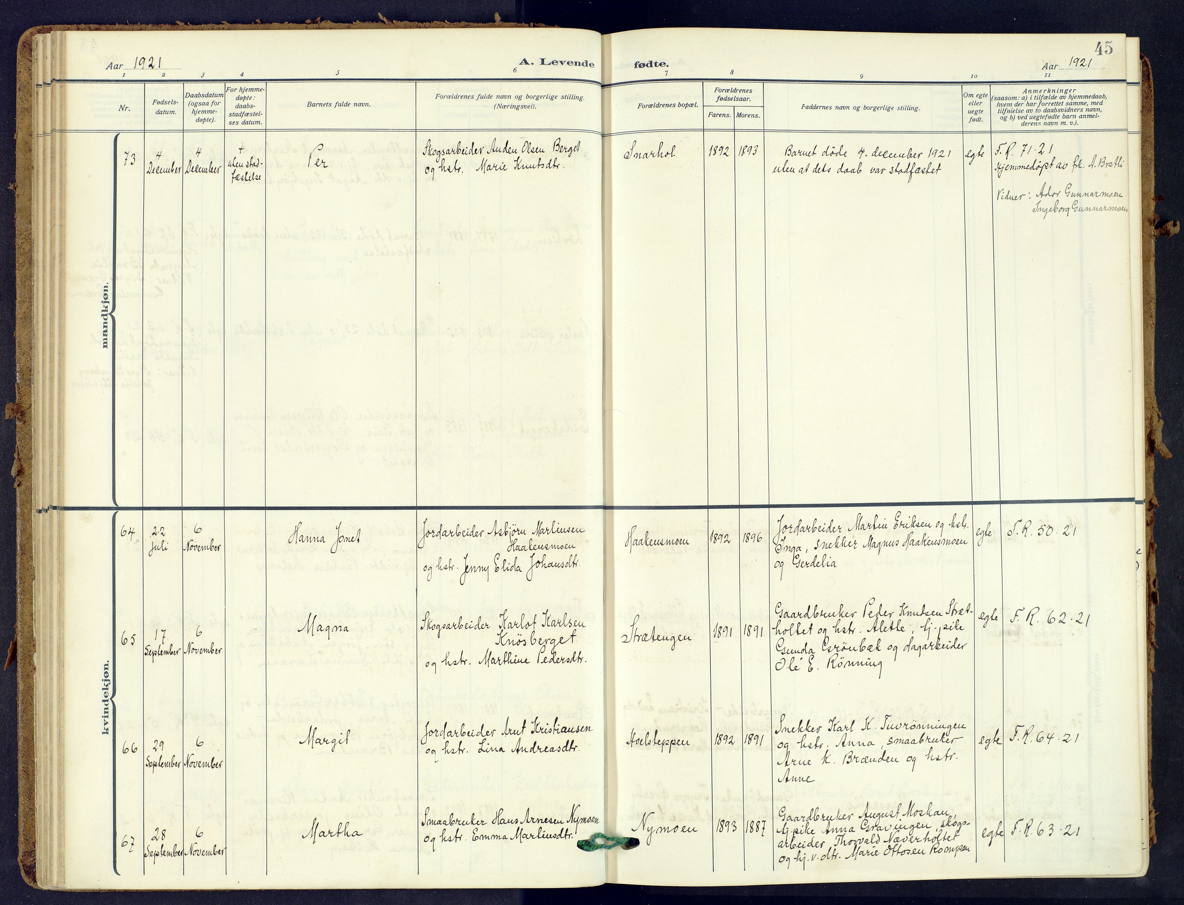 Våler prestekontor, Hedmark, AV/SAH-PREST-040/H/Ha/Haa/L0009: Parish register (official) no. 9, 1912-1940, p. 45