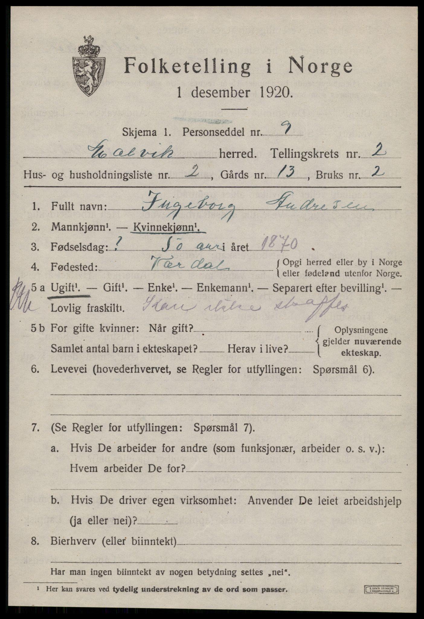 SAT, 1920 census for Malvik, 1920, p. 1854