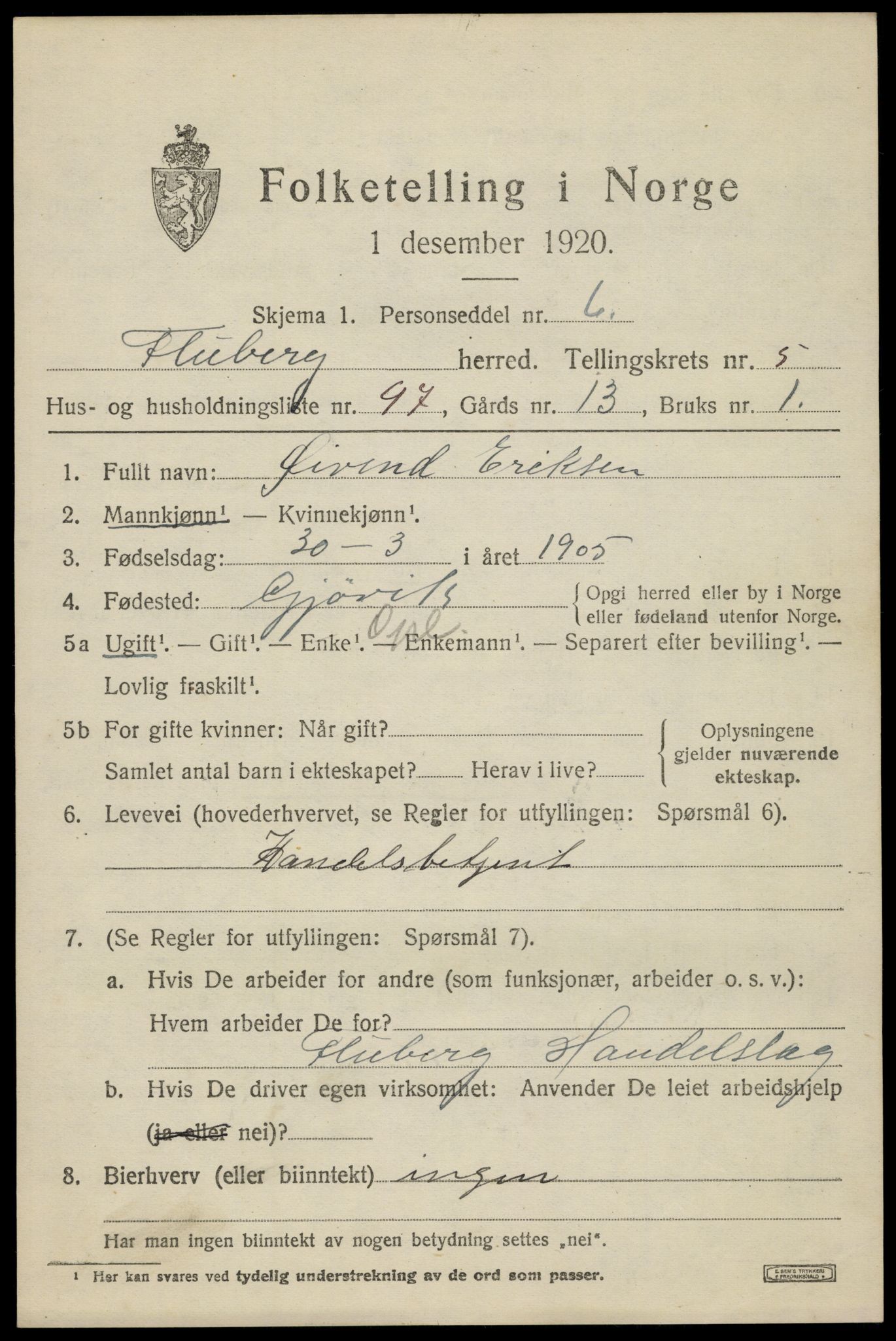 SAH, 1920 census for Fluberg, 1920, p. 5010