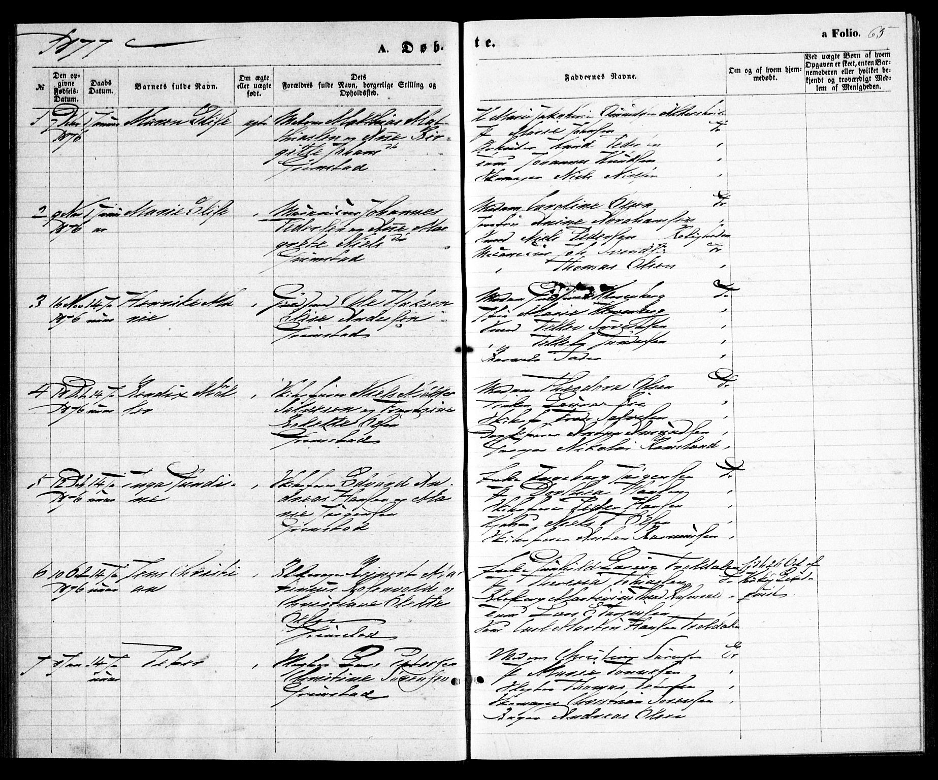 Grimstad sokneprestkontor, SAK/1111-0017/F/Fa/L0002: Parish register (official) no. A 1, 1869-1881, p. 65