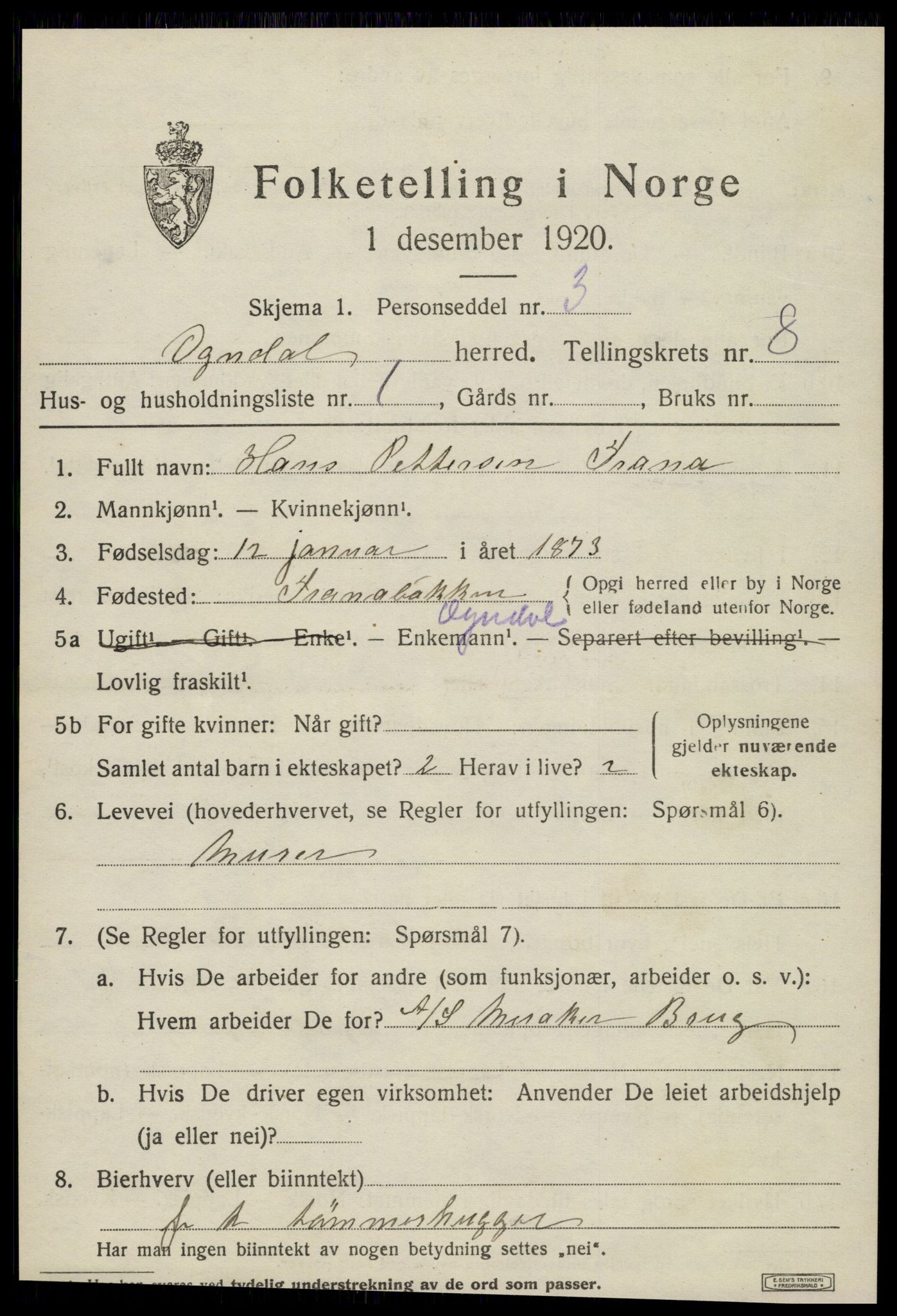 SAT, 1920 census for Ogndal, 1920, p. 3335