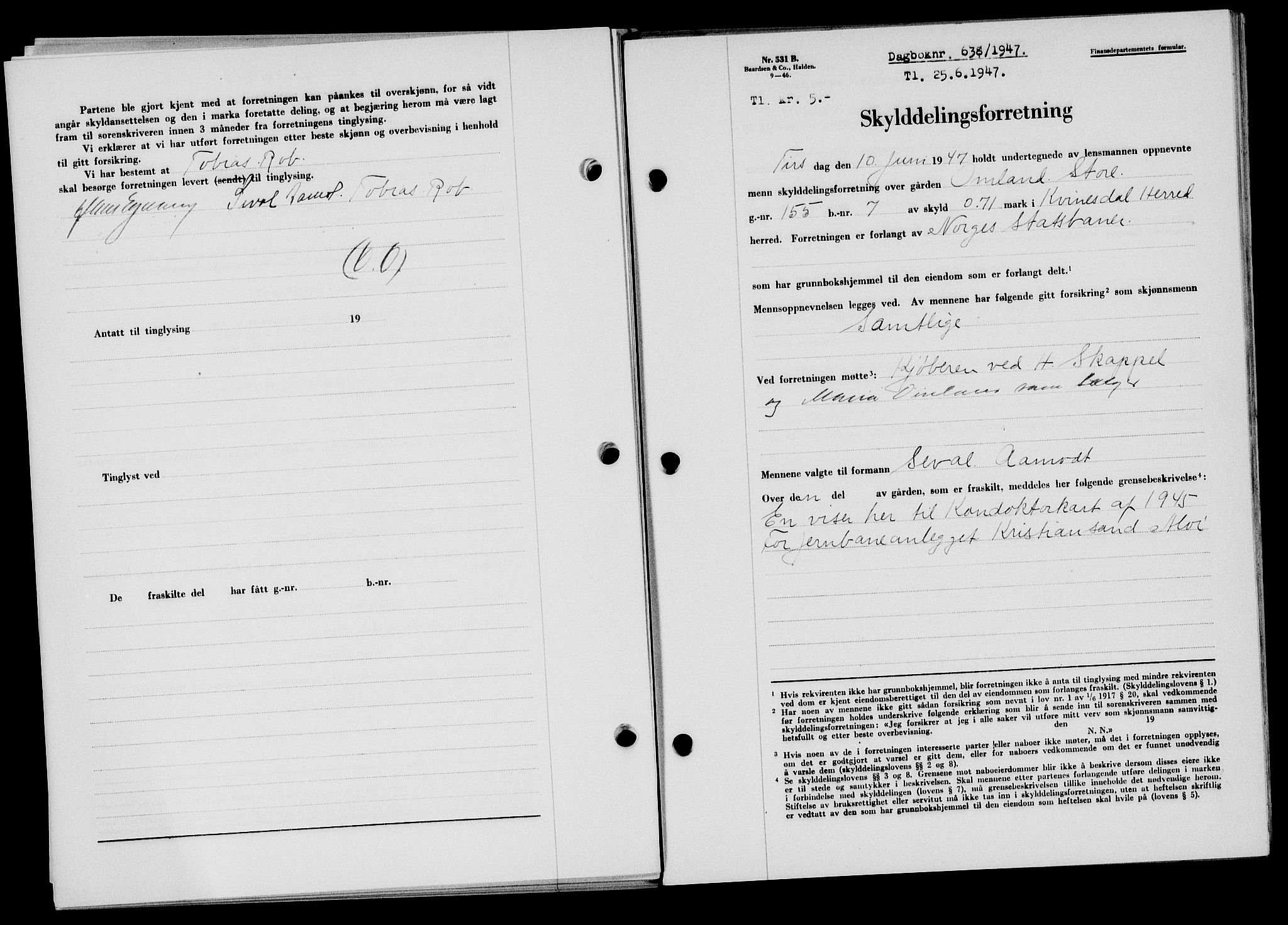 Flekkefjord sorenskriveri, SAK/1221-0001/G/Gb/Gba/L0062: Mortgage book no. A-10, 1947-1947, Diary no: : 638/1947