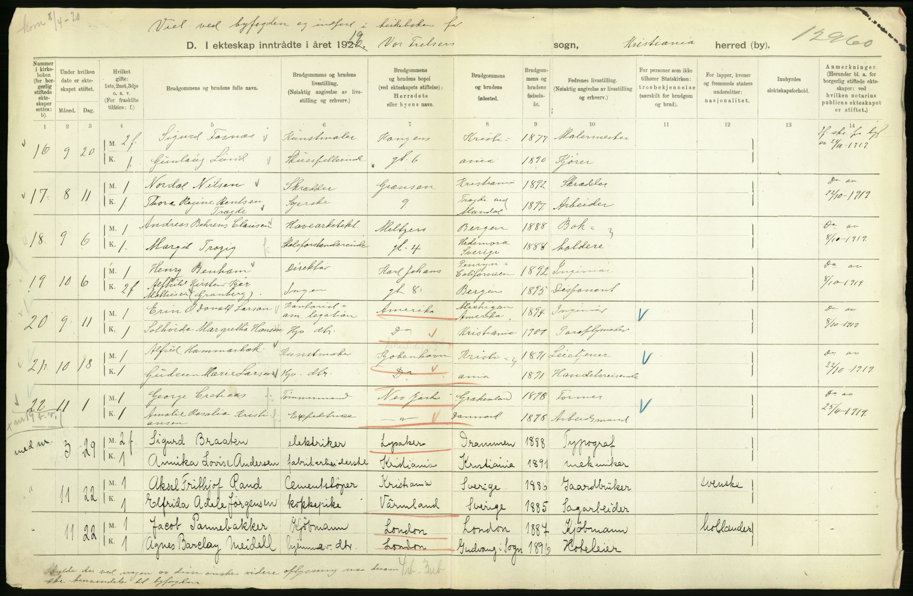 Statistisk sentralbyrå, Sosiodemografiske emner, Befolkning, AV/RA-S-2228/D/Df/Dfb/Dfbi/L0009: Kristiania: Gifte, 1919, p. 60