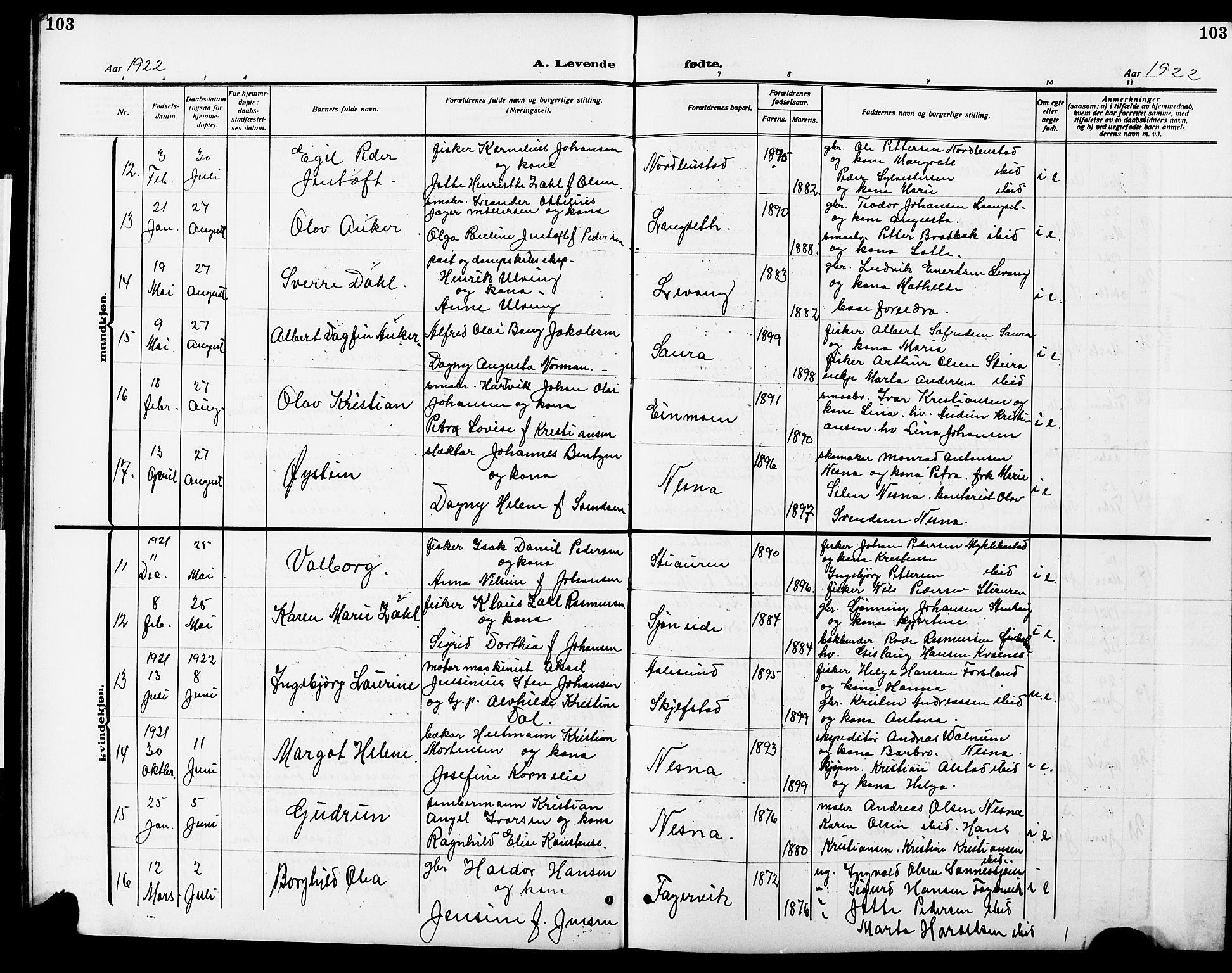 Ministerialprotokoller, klokkerbøker og fødselsregistre - Nordland, AV/SAT-A-1459/838/L0560: Parish register (copy) no. 838C07, 1910-1928, p. 103